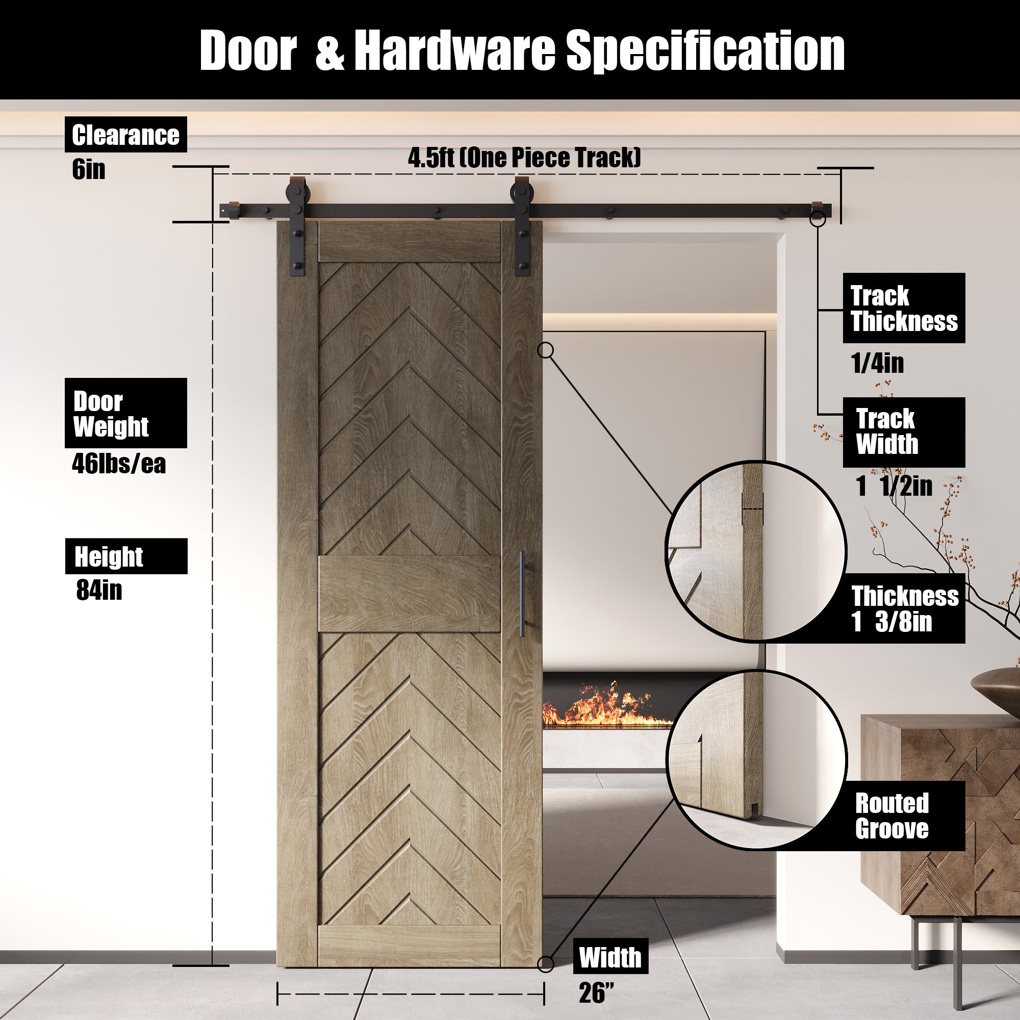 sliding barn door hardware kit with door pine wood barn door gray fishbone design