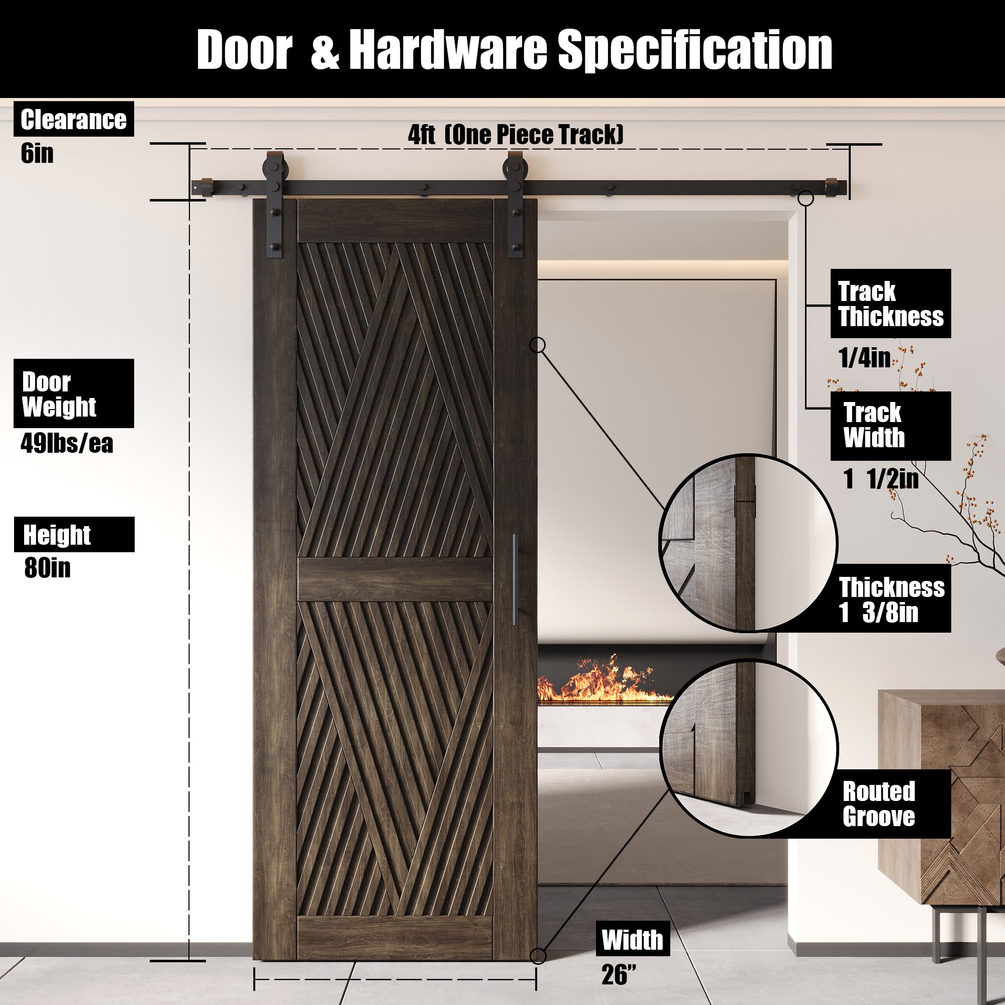 80" Height Ebony Diamond Design Unassembled & Finished Pine Wood Barn Door with Non-Bypass Installation Hardware Kit(Interior Use Only)