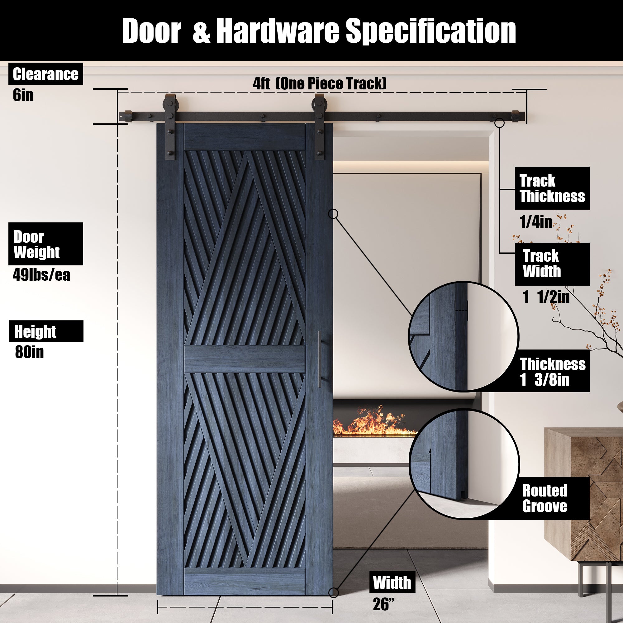 80" Height Navy Diamond Design Unassembled & Finished Pine Wood Barn Door with Non-Bypass Installation Hardware Kit(Interior Use Only)