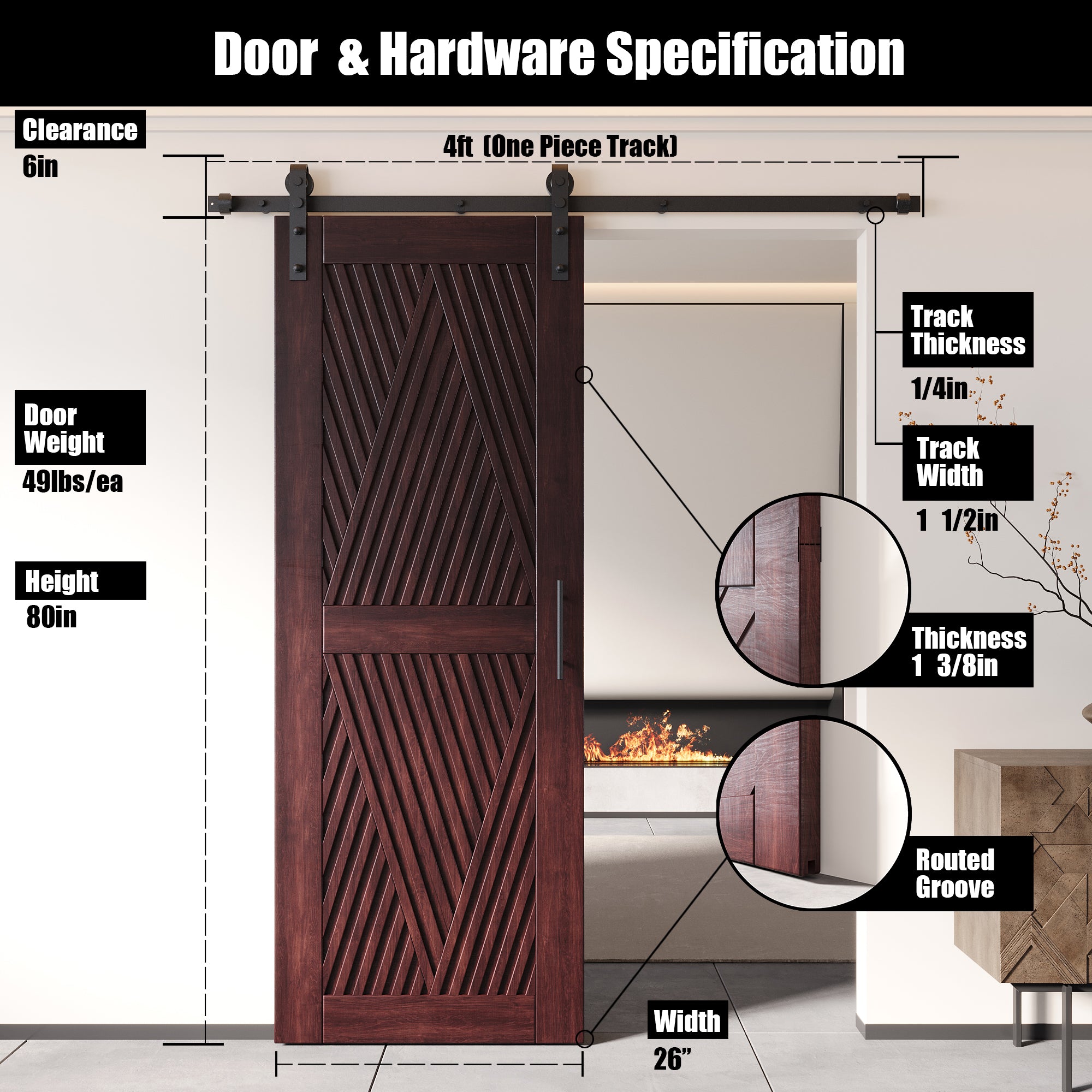 80" Height Red Mahogany Diamond Design Unassembled & Finished Pine Wood Barn Door with Non-Bypass Installation Hardware Kit(Interior Use Only)