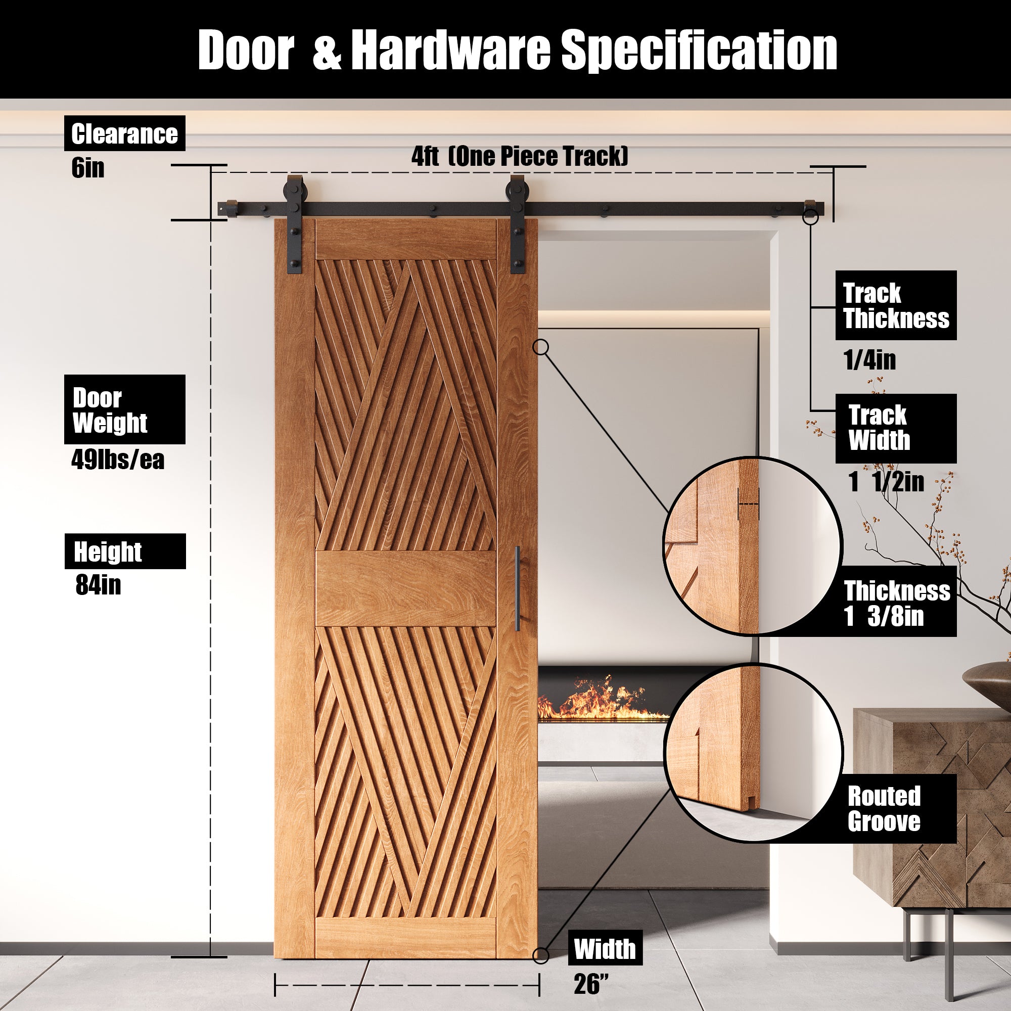 84" Height Early American Diamond Design Unassembled & Finished Pine Wood Barn Door with Non-Bypass Installation Hardware Kit(Interior Use Only)