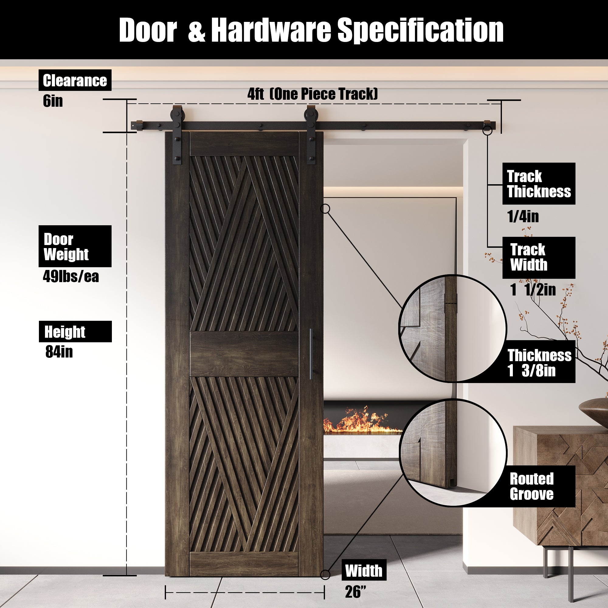 84" Height Ebony Diamond Design Unassembled & Finished Pine Wood Barn Door with Non-Bypass Installation Hardware Kit(Interior Use Only)