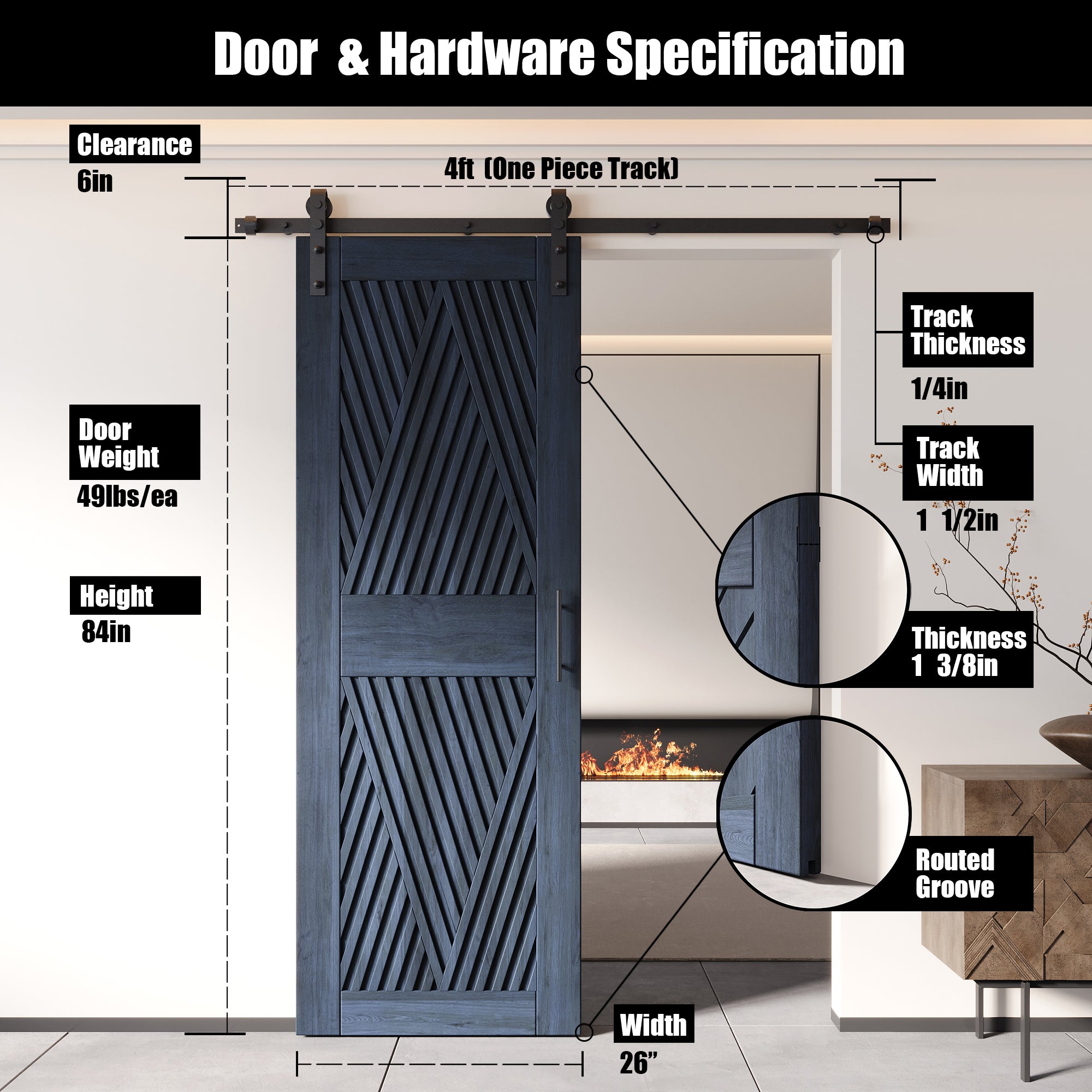 84" Height Navy Diamond Design Unassembled & Finished Pine Wood Barn Door with Non-Bypass Installation Hardware Kit(Interior Use Only)
