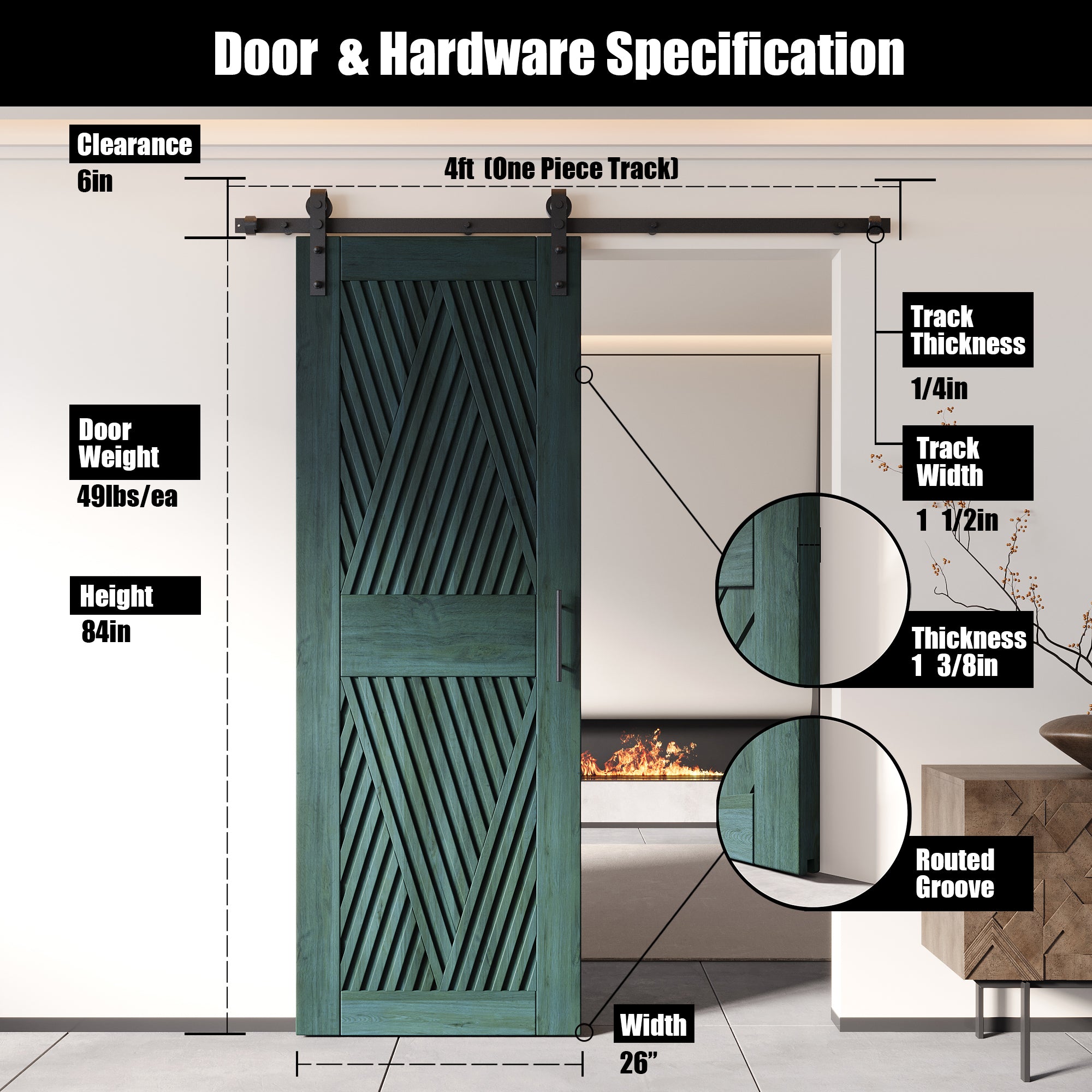 84" Height Royal Pine Diamond Design Unassembled & Finished Pine Wood Barn Door with Non-Bypass Installation Hardware Kit(Interior Use Only)