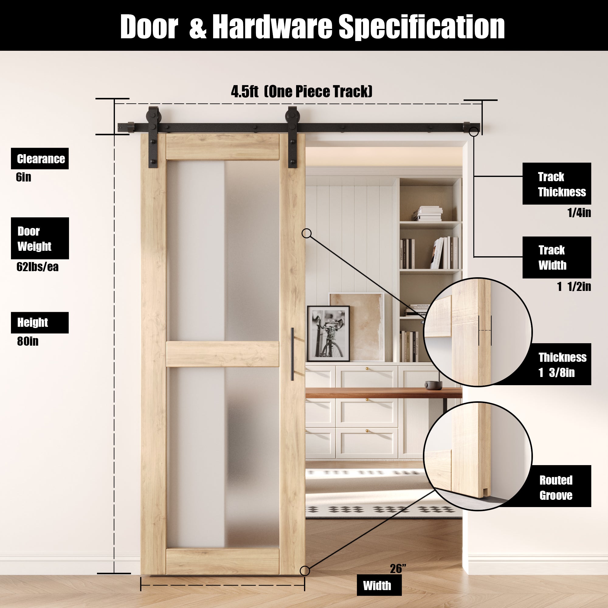 80" Height 2-Lite Frosted Glass Unassembled & Unfinished Pine Wood Barn Door with Non-Bypass Installation Hardware Kit (Interior Use Only)
