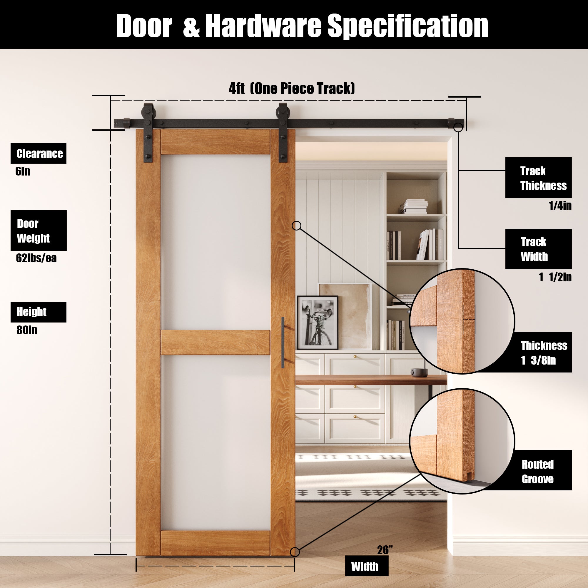 80" Height Early American 2-Lite Frosted Glass Unassembled & Finished Pine Wood Barn Door with Non-Bypass Installation Hardware Kit (Interior Use Only)