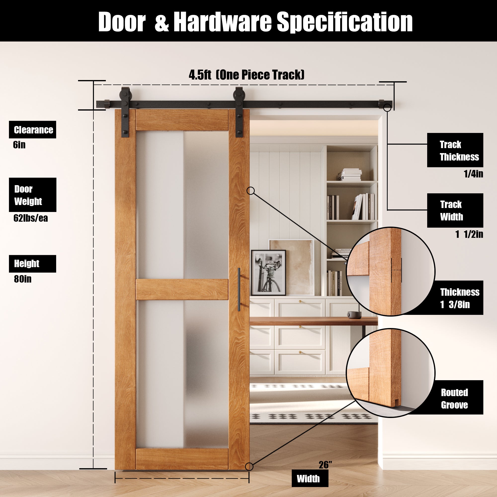 80" Height Early American 2-Lite Frosted Glass Unassembled & Finished Pine Wood Barn Door with Non-Bypass Installation Hardware Kit (Interior Use Only)