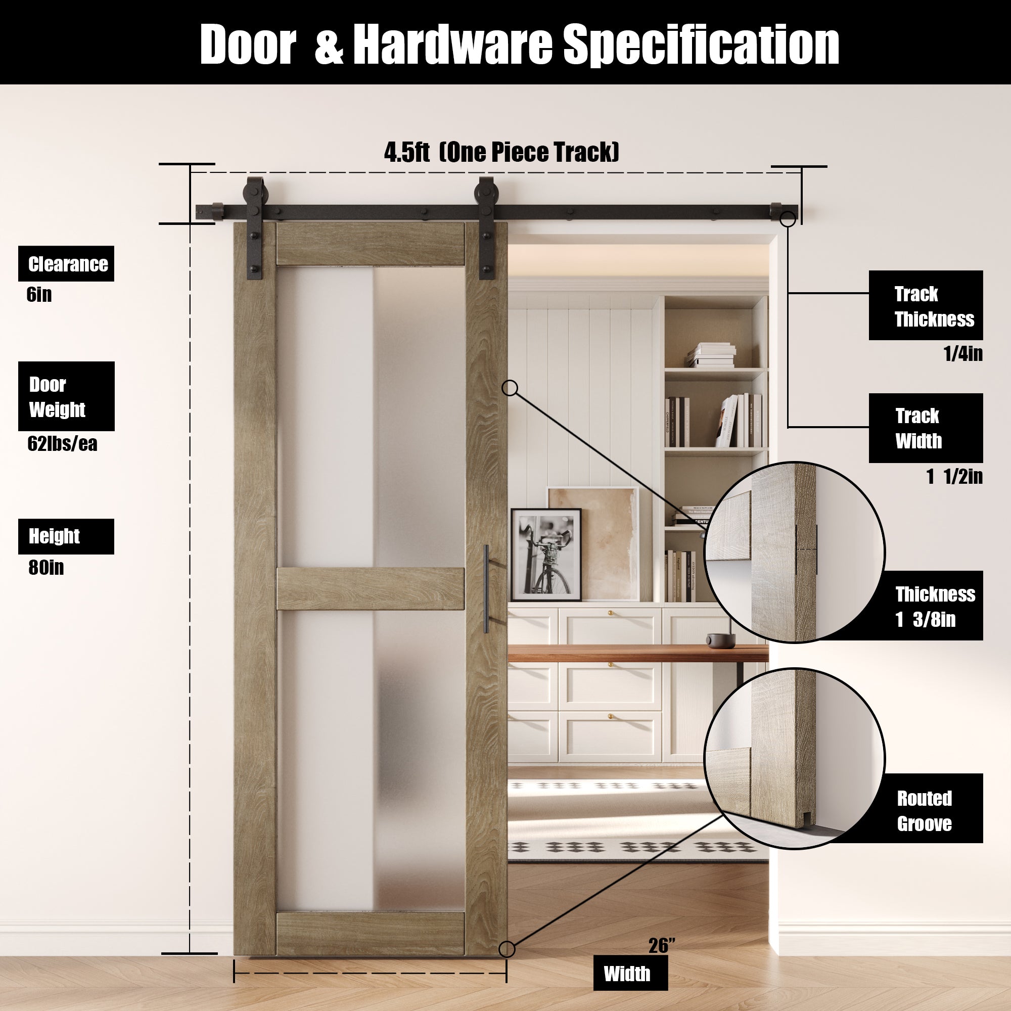 80" Height Classic Gray 2-Lite Frosted Glass Unassembled & Finished Pine Wood Barn Door with Non-Bypass Installation Hardware Kit (Interior Use Only)