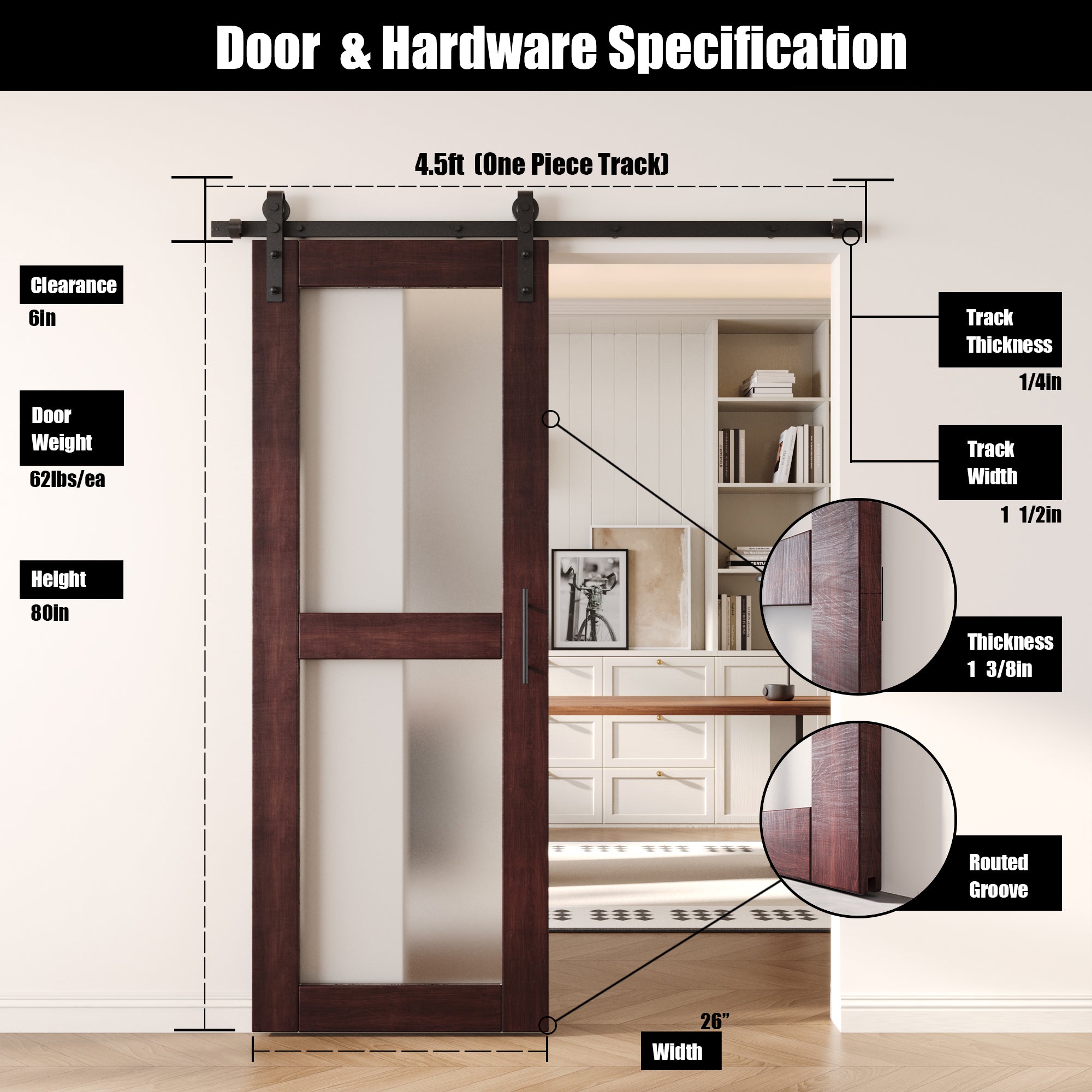 80" Height Red Mahogany 2-Lite Frosted Glass Unassembled & Finished Pine Wood Barn Door with Non-Bypass Installation Hardware Kit (Interior Use Only)