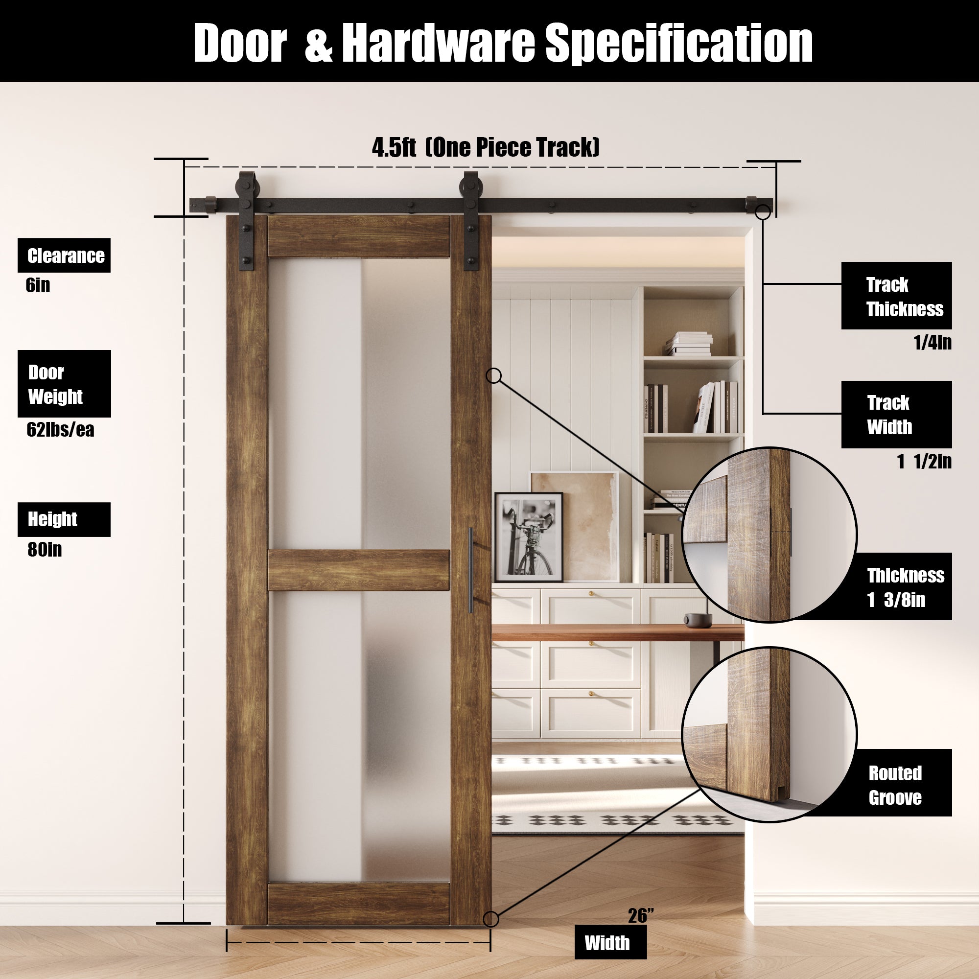 80" Height Dark Walnut 2-Lite Frosted Glass Unassembled & Finished Pine Wood Barn Door with Non-Bypass Installation Hardware Kit (Interior Use Only)