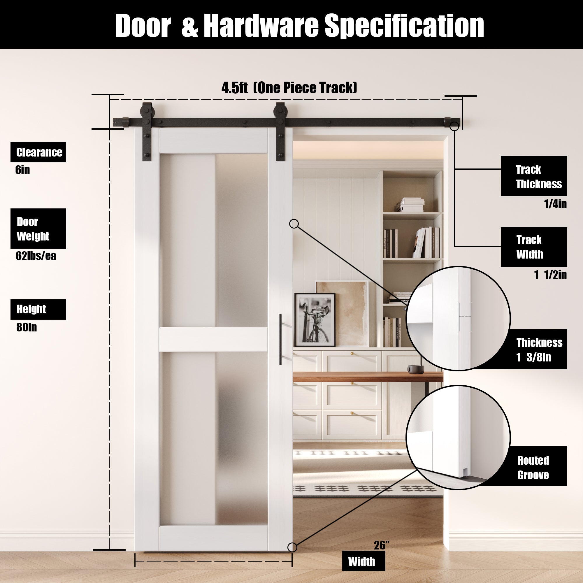 80" Height White 2-Lite Frosted Glass Unassembled & Finished Pine Wood Barn Door with Non-Bypass Installation Hardware Kit (Interior Use Only)