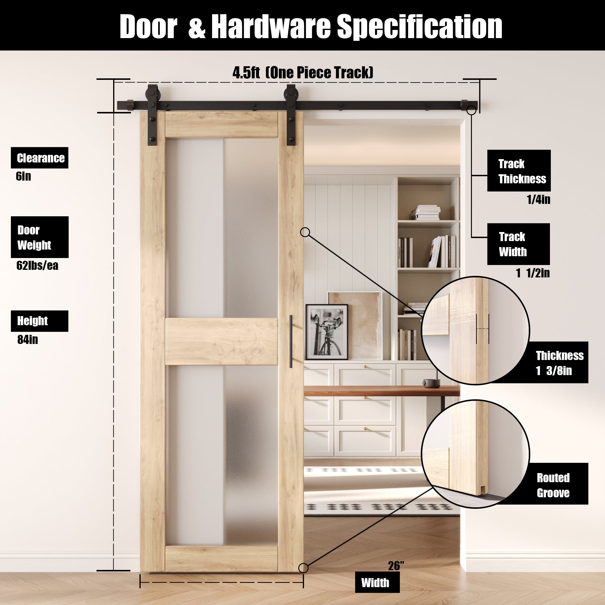 84" Height 2-Lite Frosted Glass Unassembled & Unfinished Pine Wood Barn Door with Non-Bypass Installation Hardware Kit (Interior Use Only)