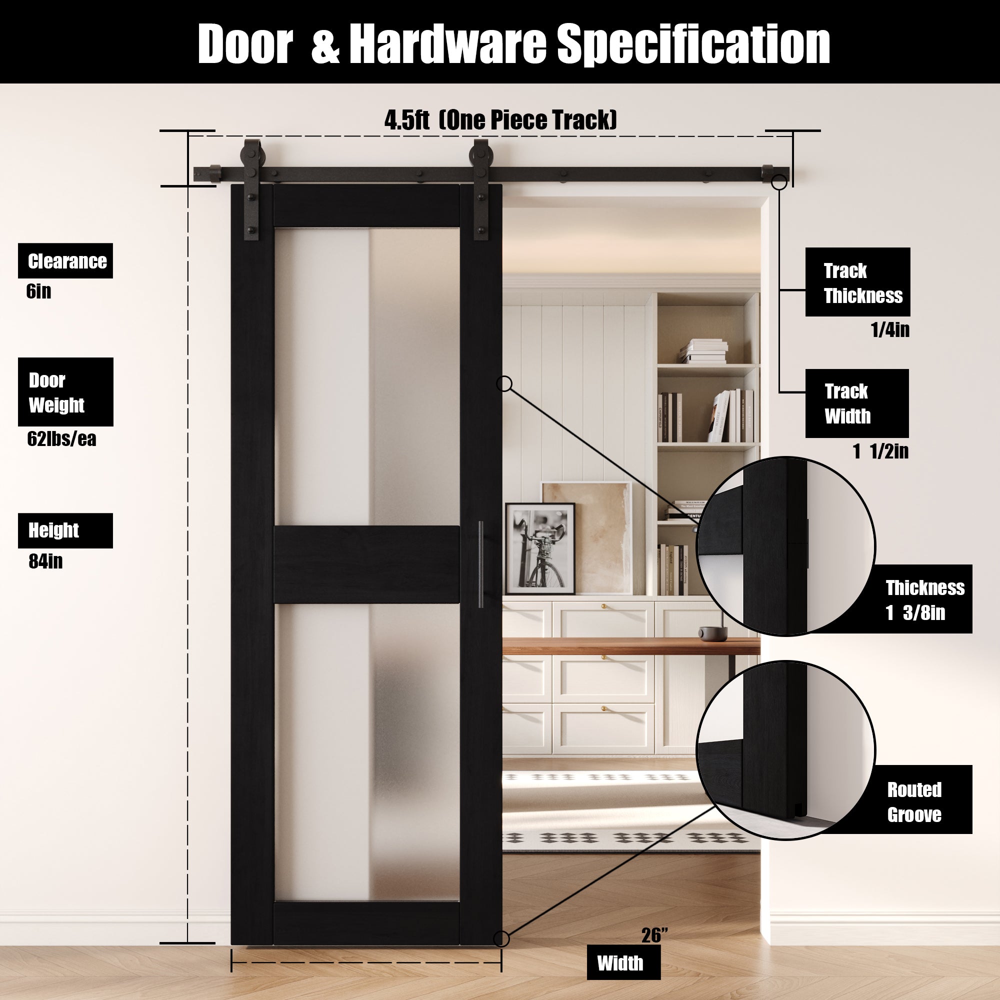 84" Height Black 2-Lite Frosted Glass Unassembled & Finished Pine Wood Barn Door with Non-Bypass Installation Hardware Kit (Interior Use Only)