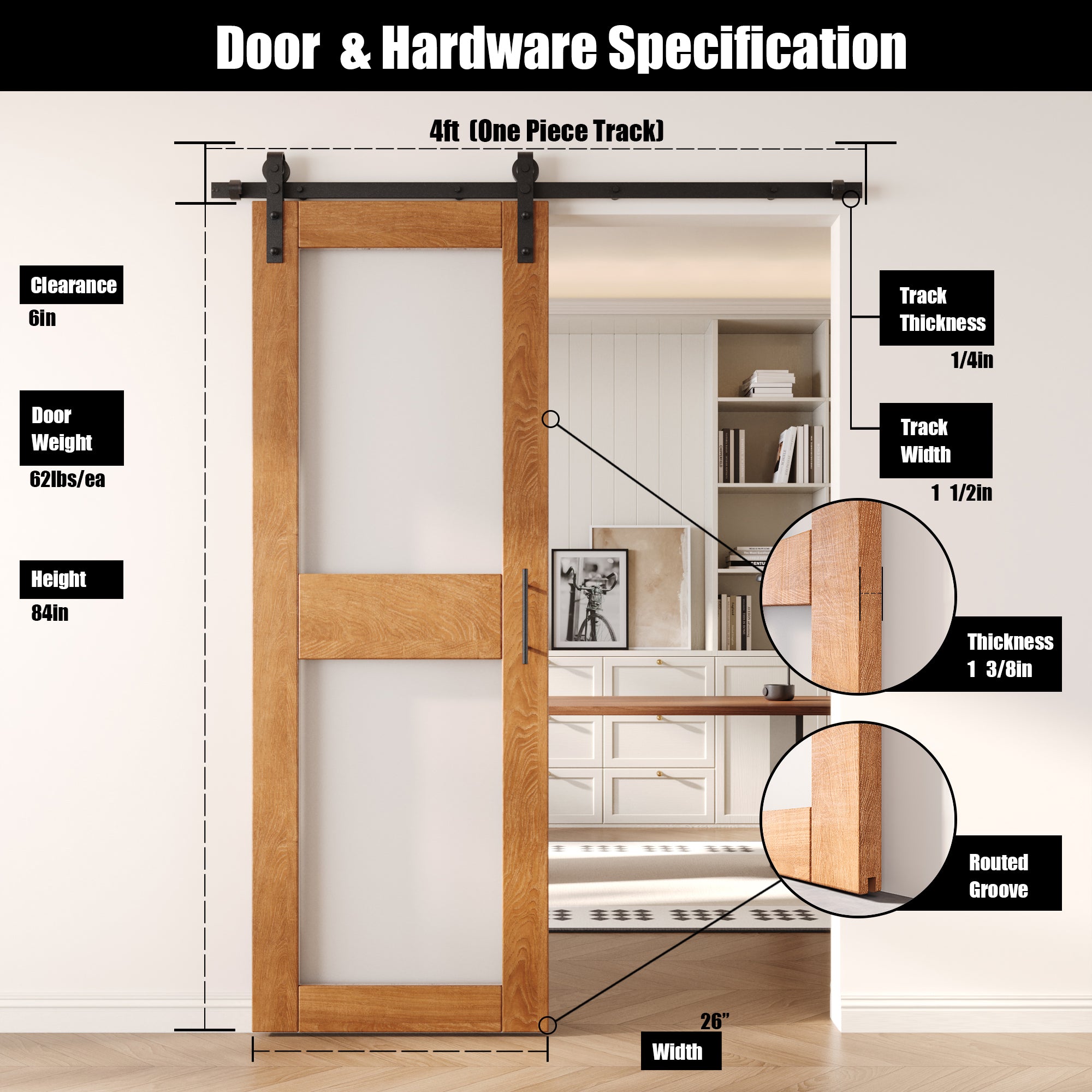 84" Height Early American 2-Lite Frosted Glass Unassembled & Finished Pine Wood Barn Door with Non-Bypass Installation Hardware Kit (Interior Use Only)