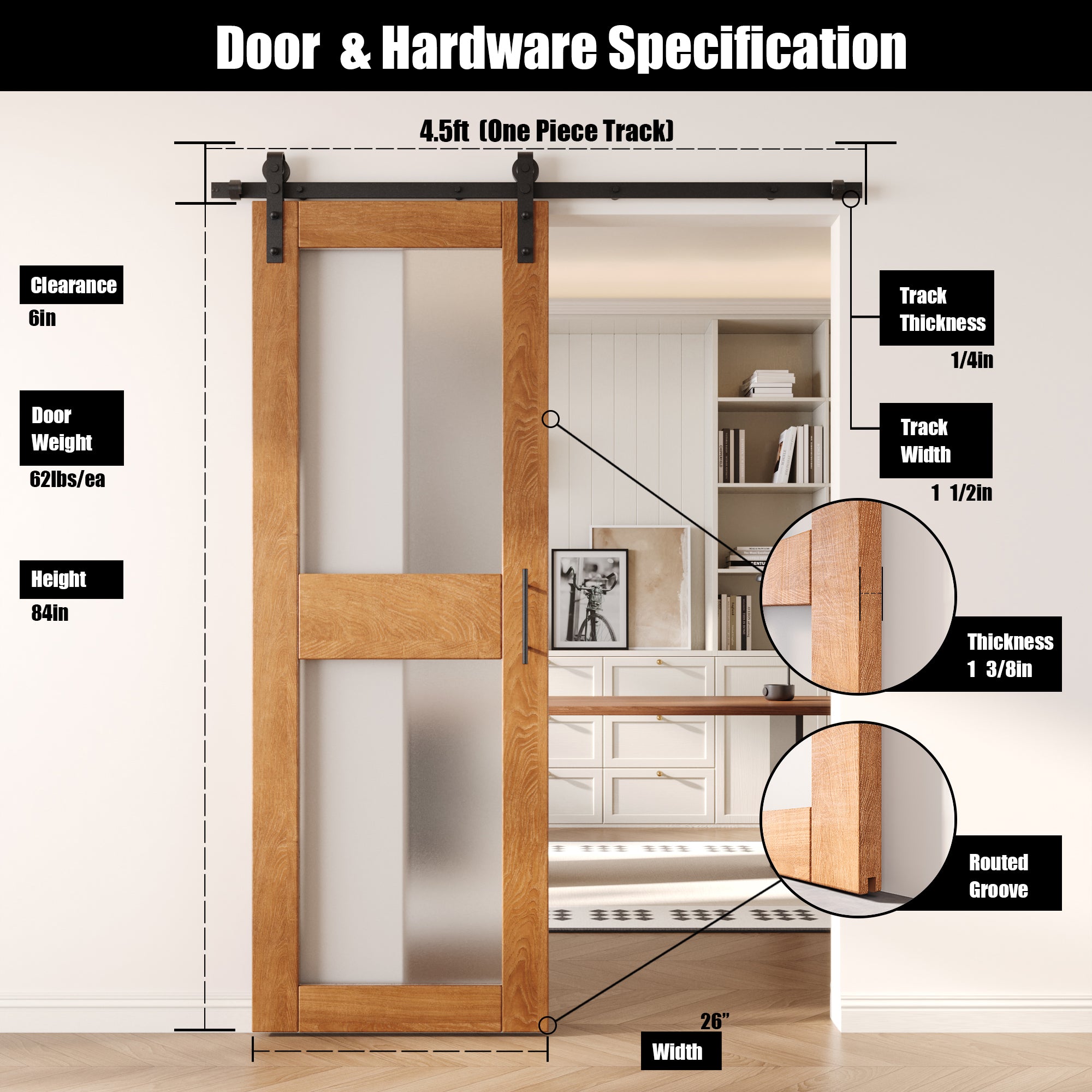 84" Height Early American 2-Lite Frosted Glass Unassembled & Finished Pine Wood Barn Door with Non-Bypass Installation Hardware Kit (Interior Use Only)