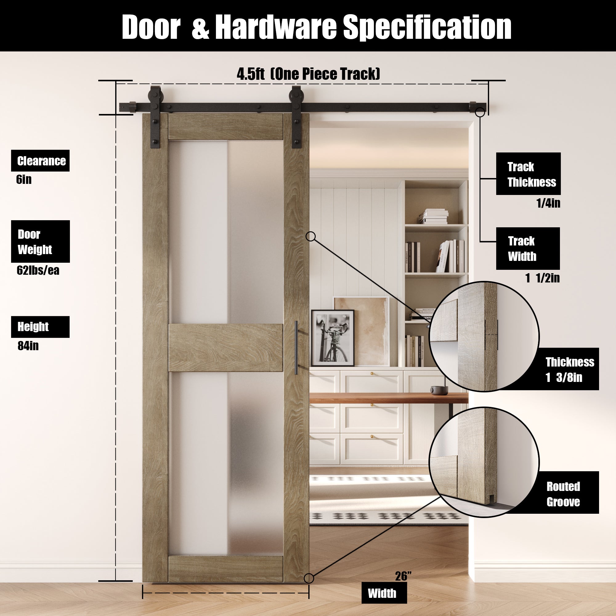 84" Height Classic Gray 2-Lite Frosted Glass Unassembled & Finished Pine Wood Barn Door with Non-Bypass Installation Hardware Kit (Interior Use Only)