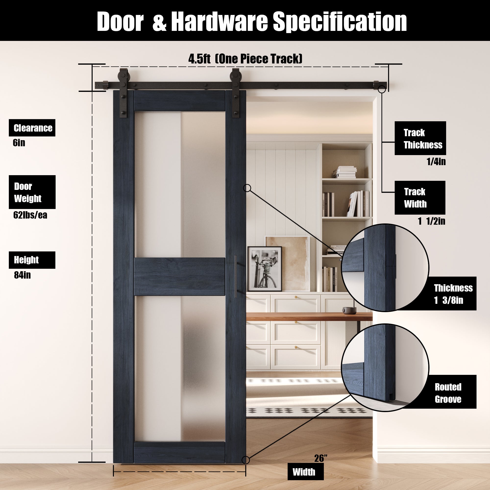 84" Height Navy 2-Lite Frosted Glass Unassembled & Finished Pine Wood Barn Door with Non-Bypass Installation Hardware Kit (Interior Use Only)