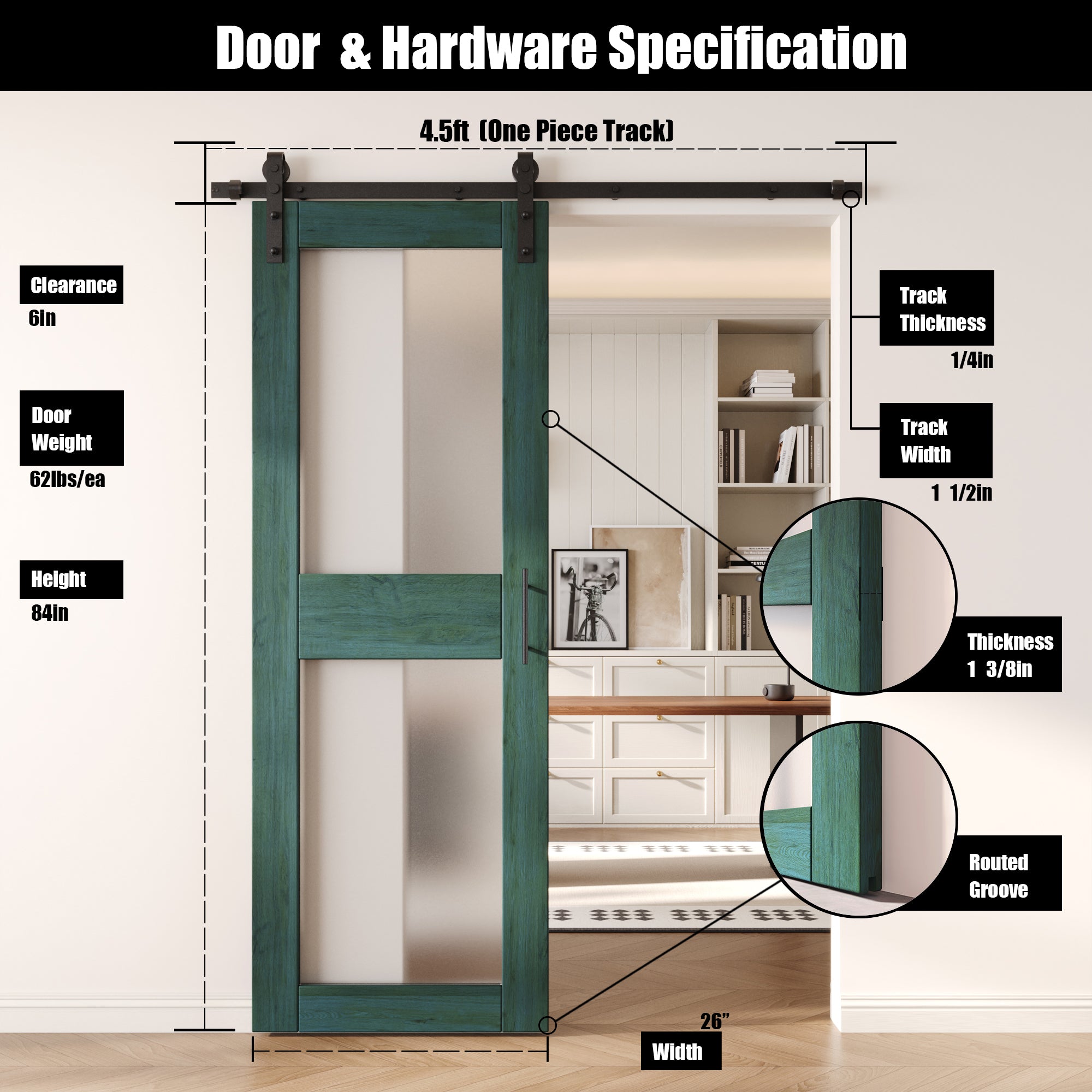 84" Height Royal Pine 2-Lite Frosted Glass Unassembled & Finished Pine Wood Barn Door with Non-Bypass Installation Hardware Kit (Interior Use Only)