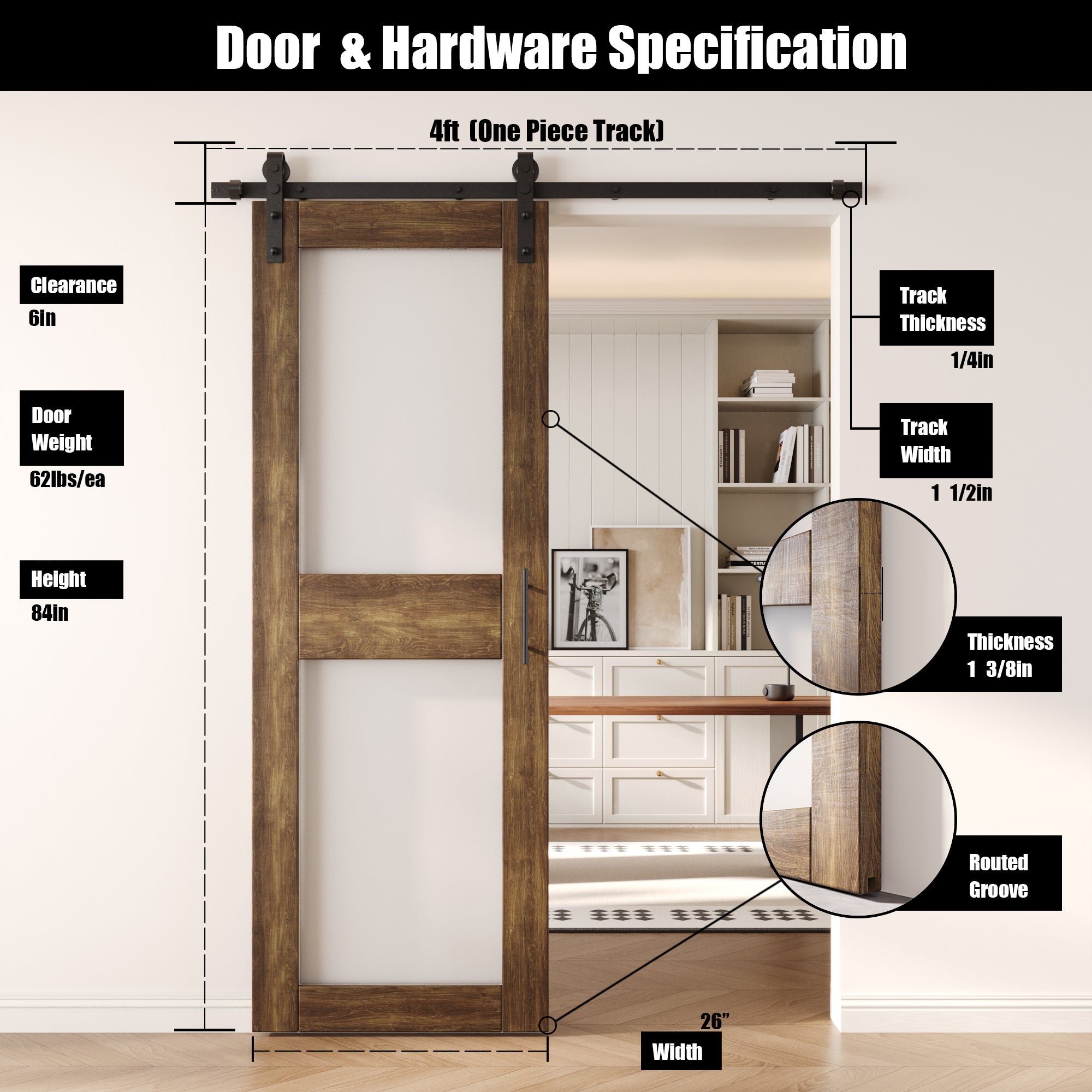 84" Height Dark Walnut 2-Lite Frosted Glass Unassembled & Finished Pine Wood Barn Door with Non-Bypass Installation Hardware Kit (Interior Use Only)