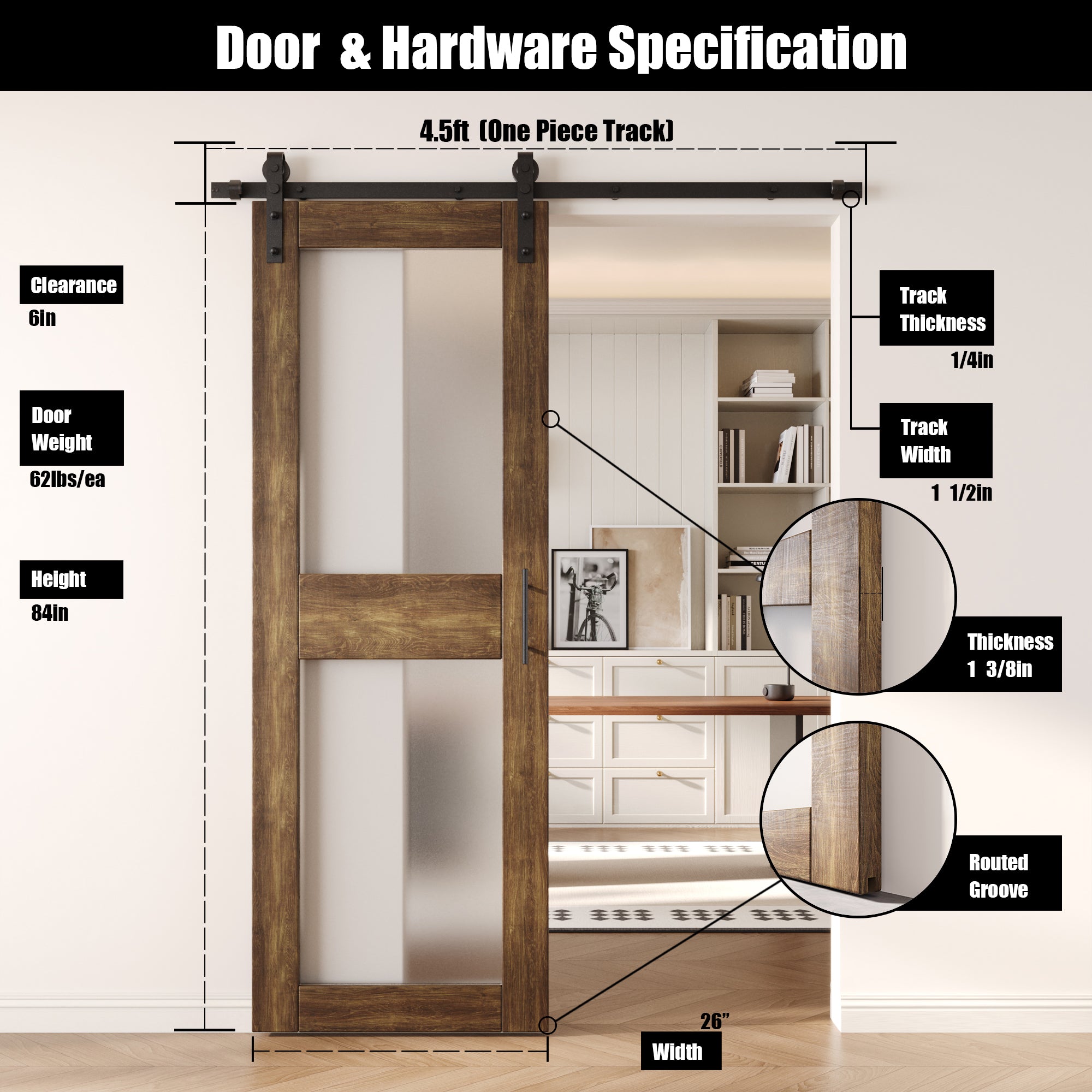84" Height Dark Walnut 2-Lite Frosted Glass Unassembled & Finished Pine Wood Barn Door with Non-Bypass Installation Hardware Kit (Interior Use Only)