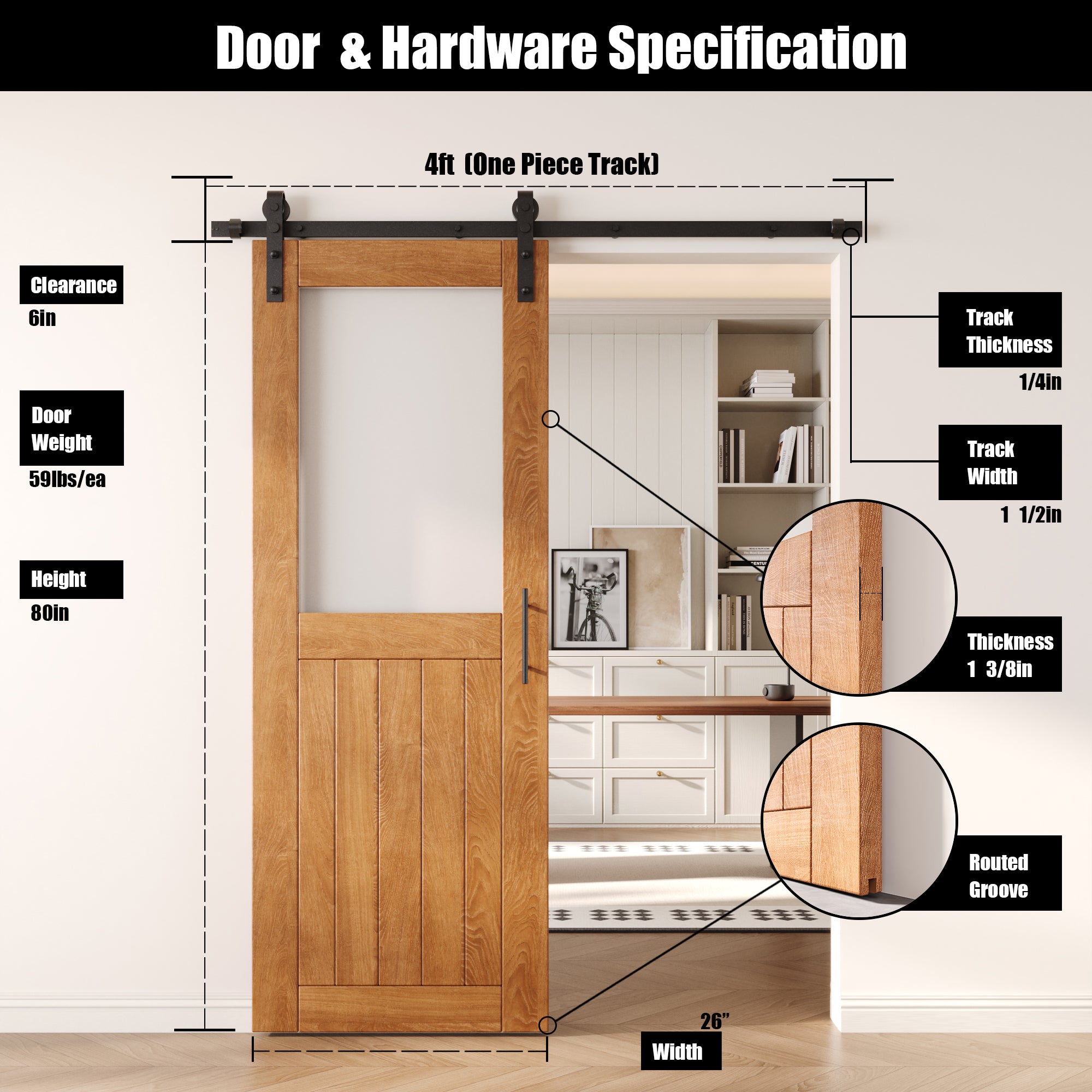 80" Height Early American Half Lite Frosted Glass Unassembled & Finished Pine Wood Barn Door with Non-Bypass Installation Hardware Kit (Interior Use Only)