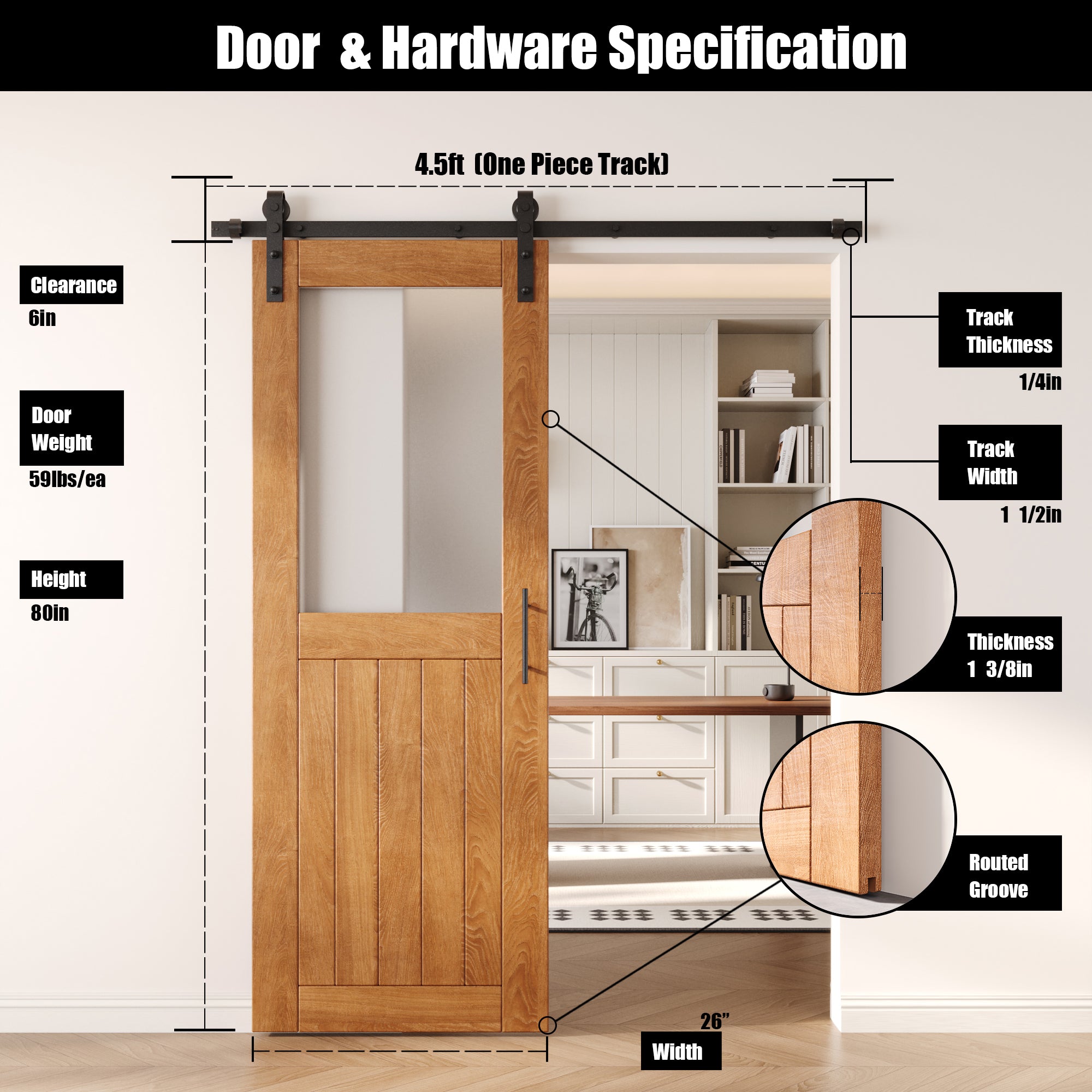 80" Height Early American Half Lite Frosted Glass Unassembled & Finished Pine Wood Barn Door with Non-Bypass Installation Hardware Kit (Interior Use Only)