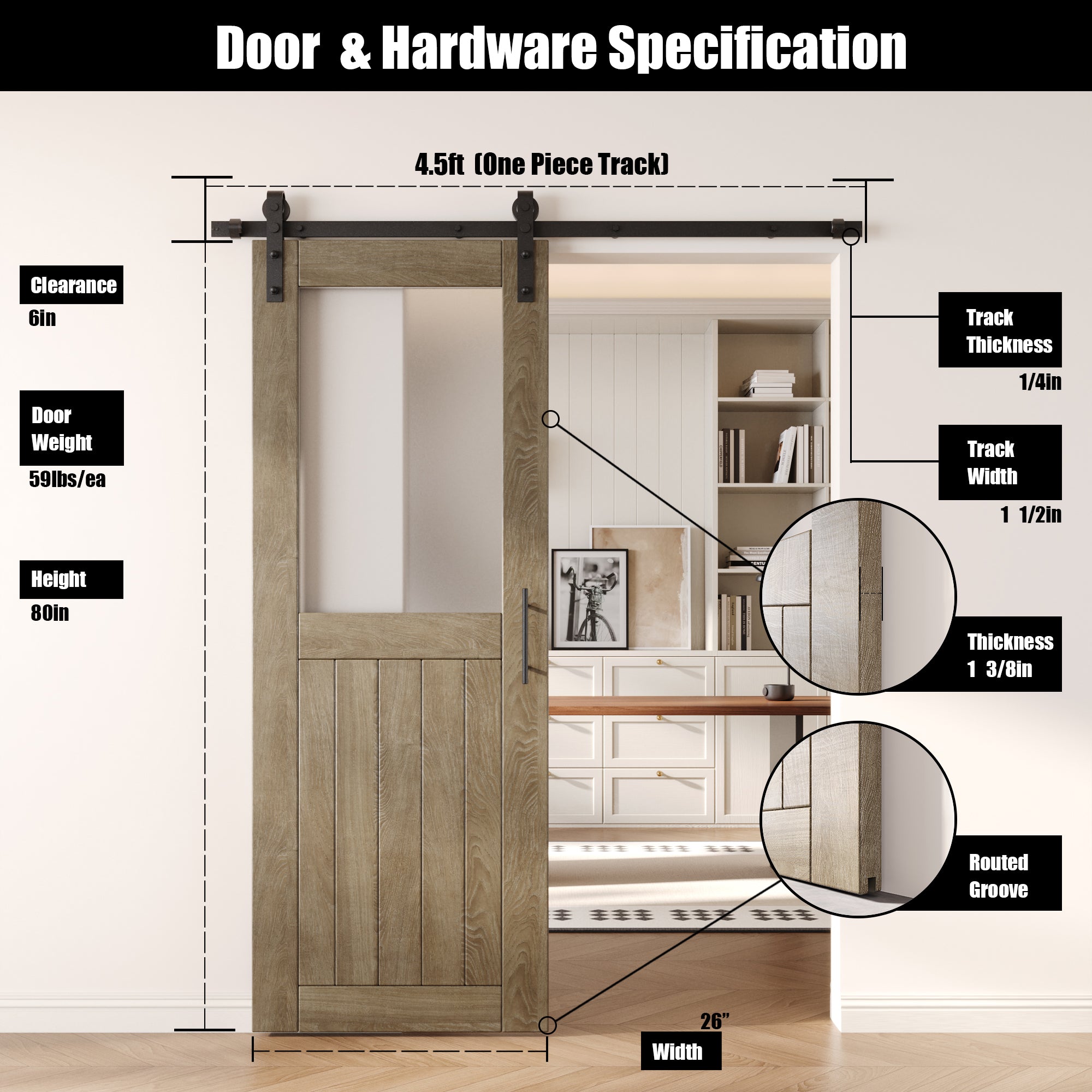 80" Height Classic Gray Half Lite Frosted Glass Unassembled & Finished Pine Wood Barn Door with Non-Bypass Installation Hardware Kit (Interior Use Only)