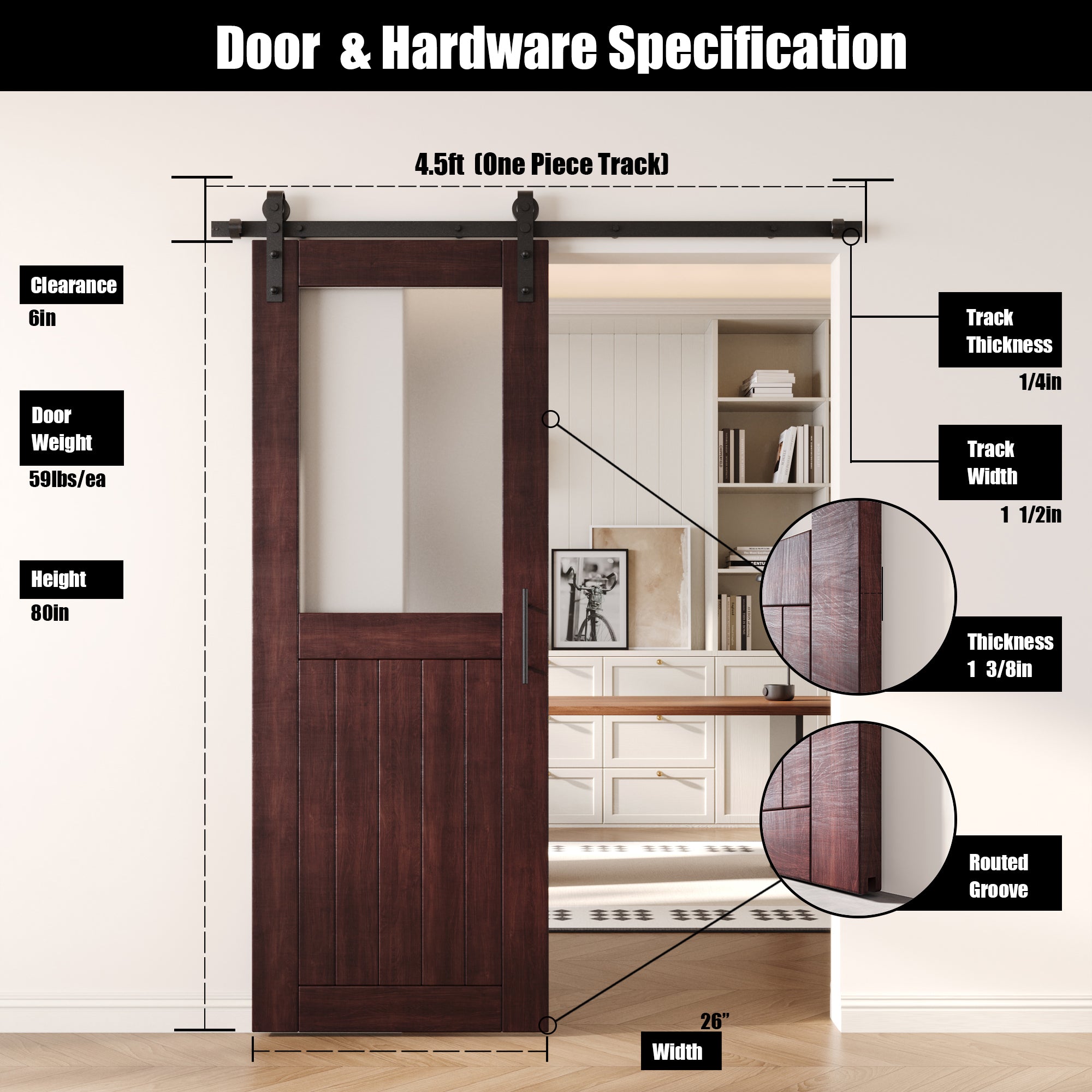 80" Height Red Mahogany Half Lite Frosted Glass Unassembled & Finished Pine Wood Barn Door with Non-Bypass Installation Hardware Kit (Interior Use Only)