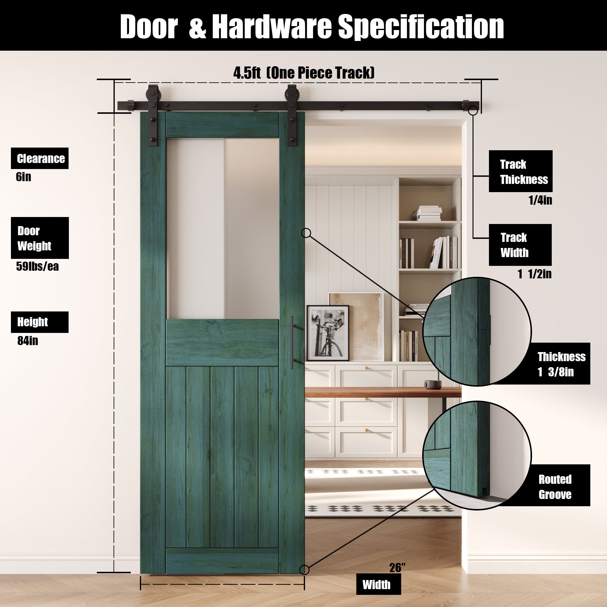 84" Height Royal Pine Half Lite Frosted Glass Unassembled & Finished Pine Wood Barn Door with Non-Bypass Installation Hardware Kit (Interior Use Only)