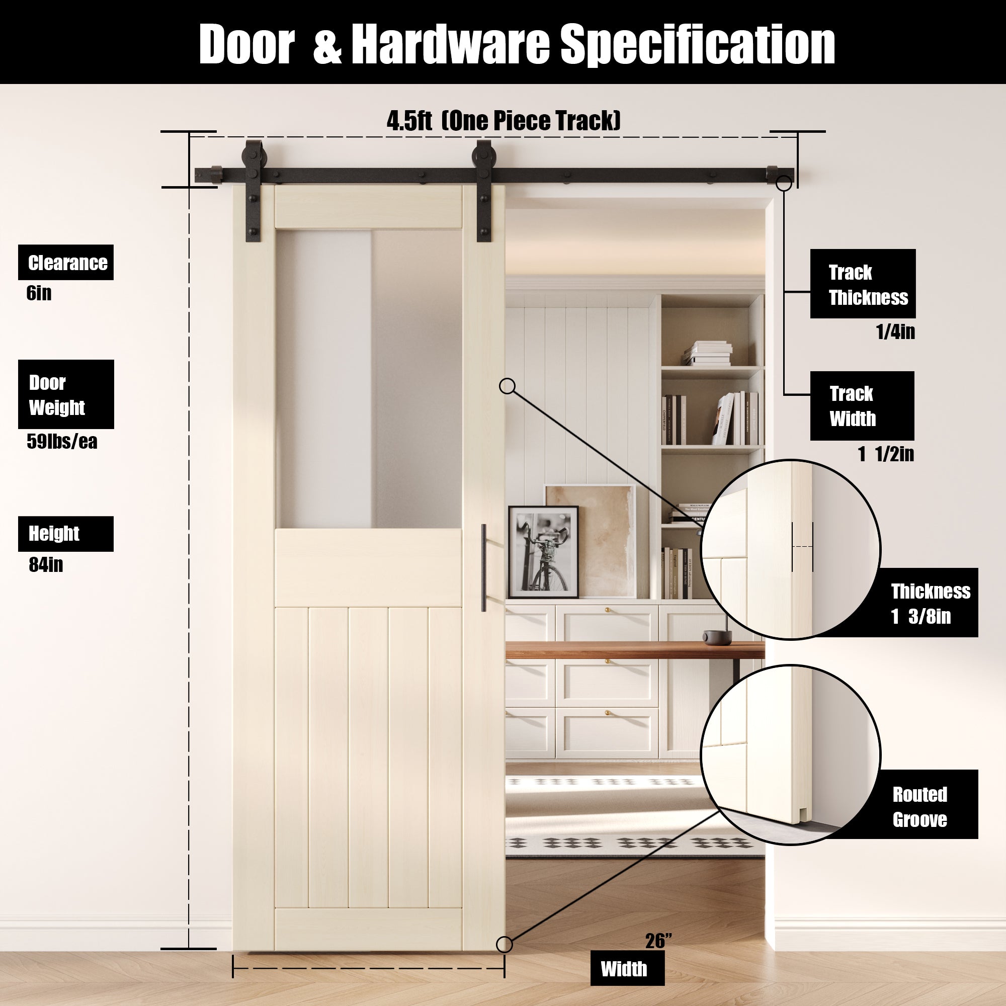 84" Height Tinsmith Gray Half Lite Frosted Glass Unassembled & Finished Pine Wood Barn Door with Non-Bypass Installation Hardware Kit (Interior Use Only)
