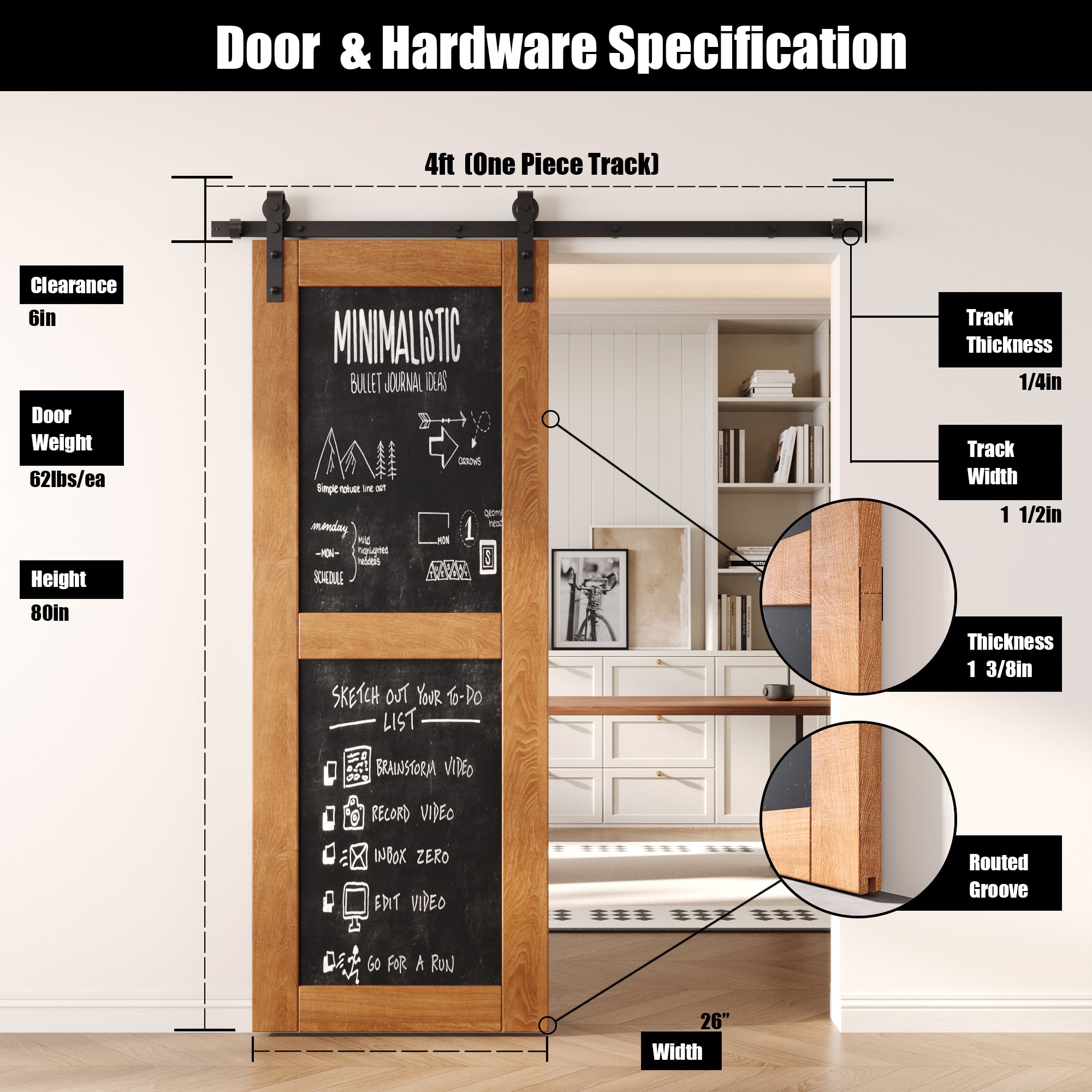 80" Height Early American Chalkboard Design Unassembled & Finished Pine Wood Barn Door with Non-Bypass Installation Hardware Kit (Interior Use Only)