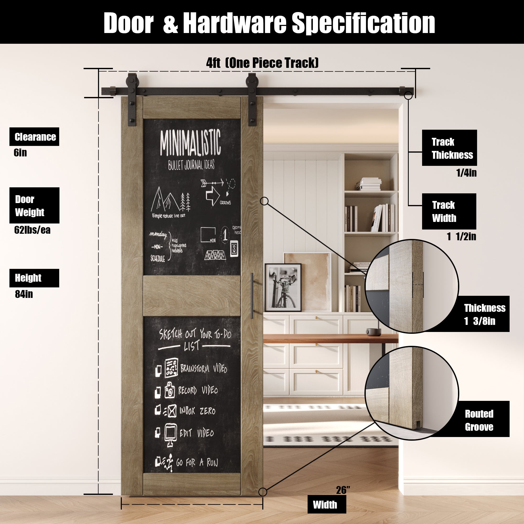 84" Height Classic Gray Chalkboard Design Unassembled & Finished Pine Wood Barn Door with Non-Bypass Installation Hardware Kit (Interior Use Only)
