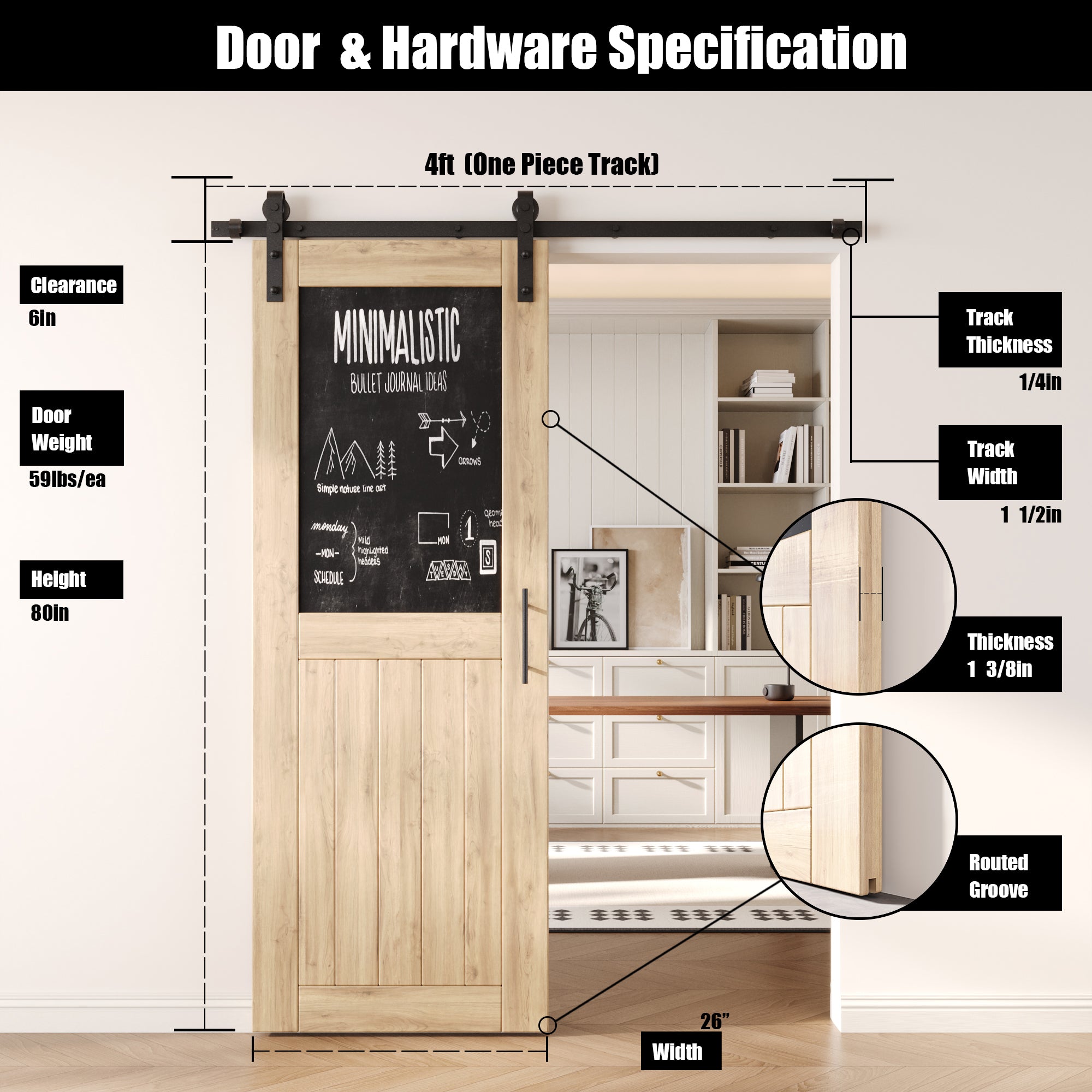 80" Height Top Chalkboard Panel Unassembled & Unfinished Pine Wood Barn Door with Non-Bypass Installation Hardware Kit (Interior Use Only)