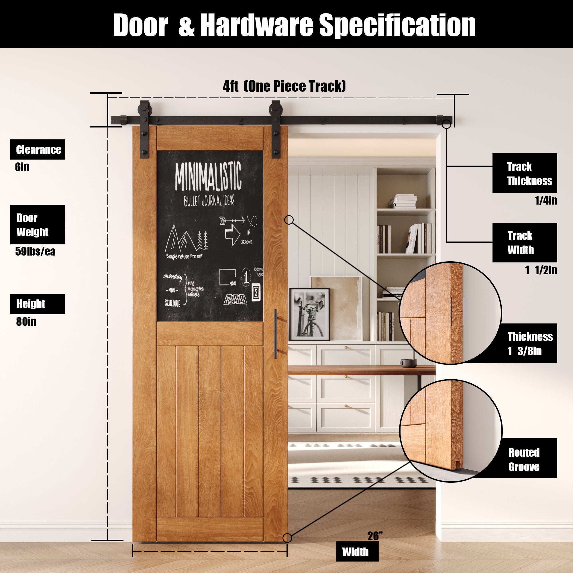 80" Height Early American Top Chalkboard Panel Unassembled & Finished Pine Wood Barn Door with Non-Bypass Installation Hardware Kit (Interior Use Only)
