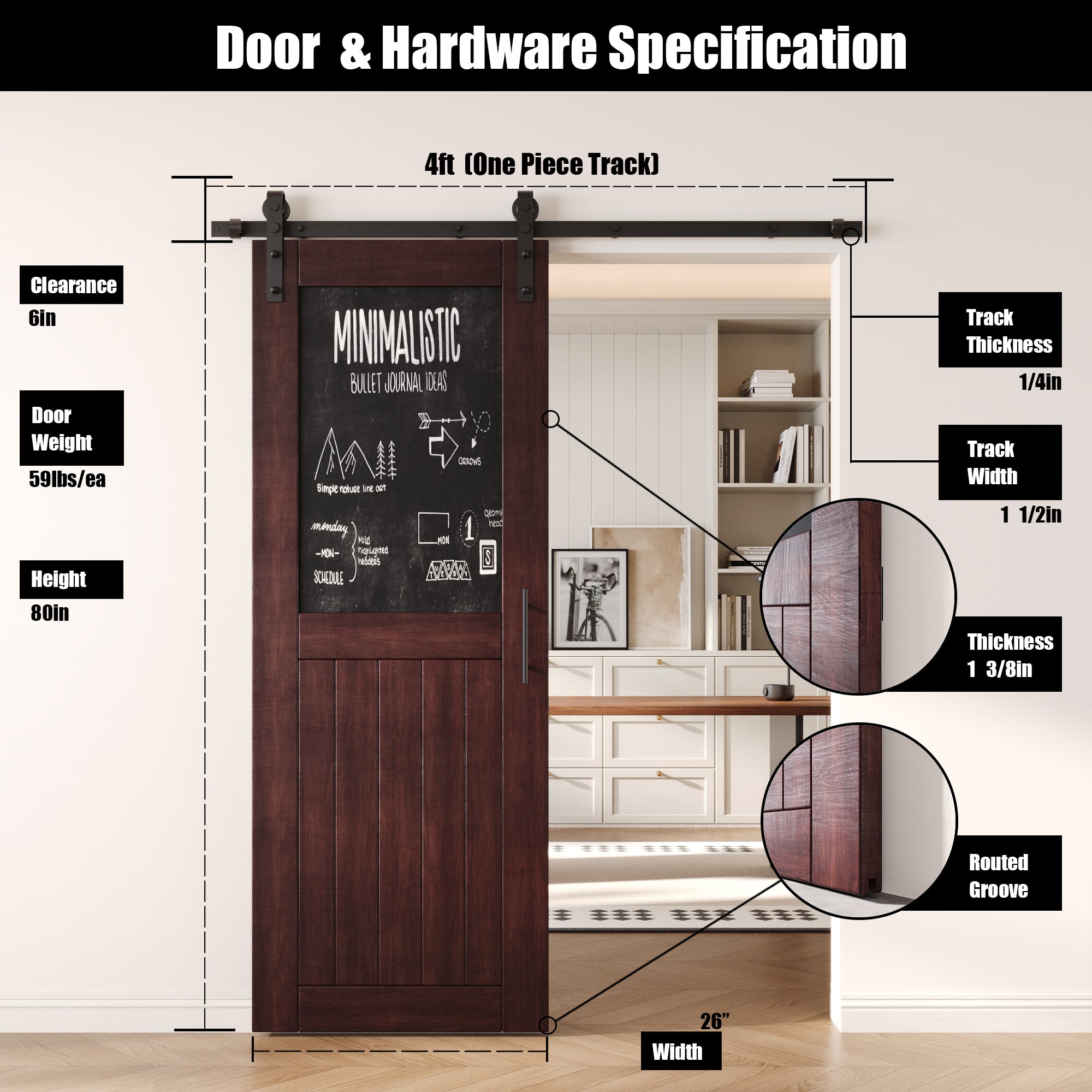 80" Height Red Mahogany Top Chalkboard Panel Unassembled & Finished Pine Wood Barn Door with Non-Bypass Installation Hardware Kit (Interior Use Only)