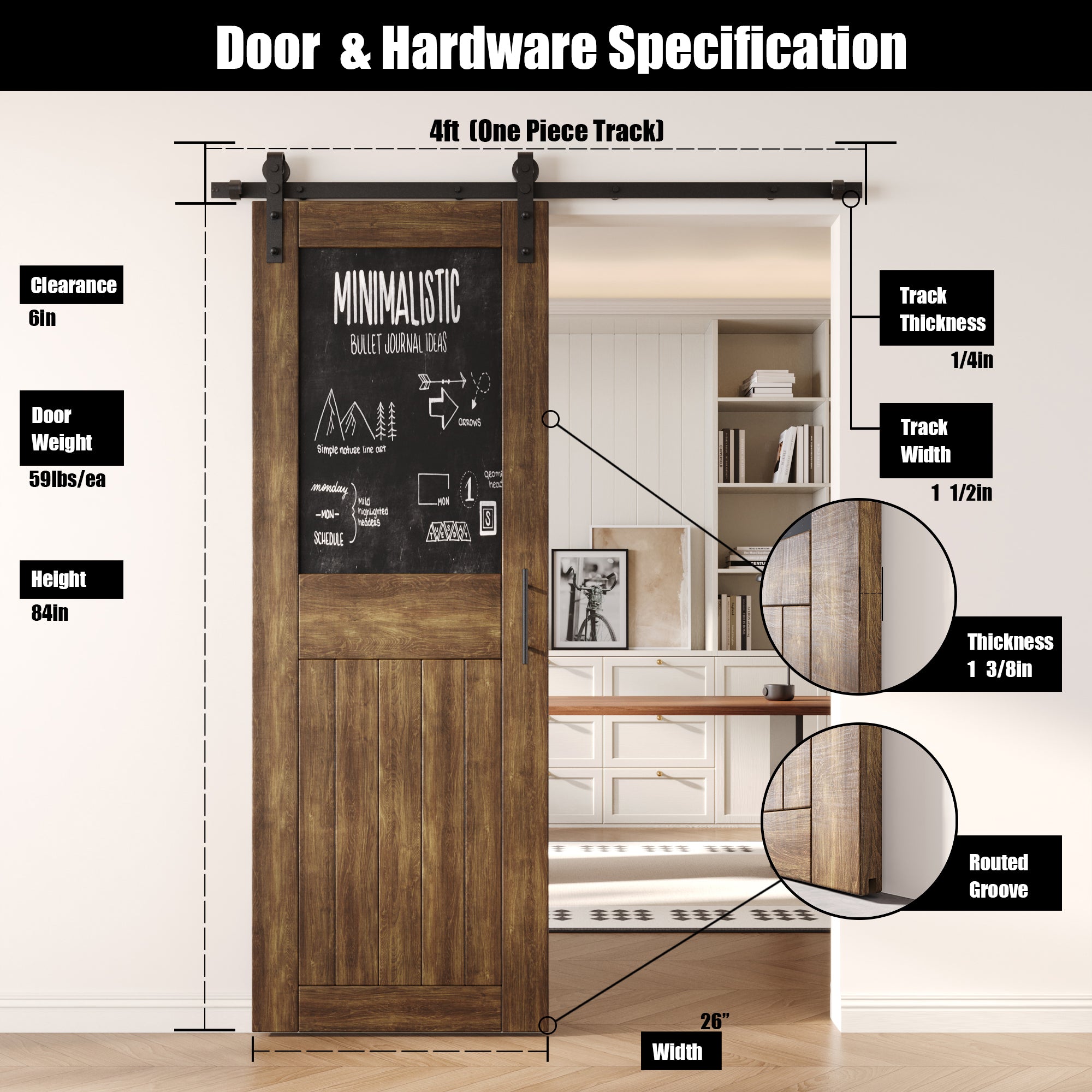 84" Height Dark Walnut Top Chalkboard Panel Unassembled & Finished Pine Wood Barn Door with Non-Bypass Installation Hardware Kit (Interior Use Only)
