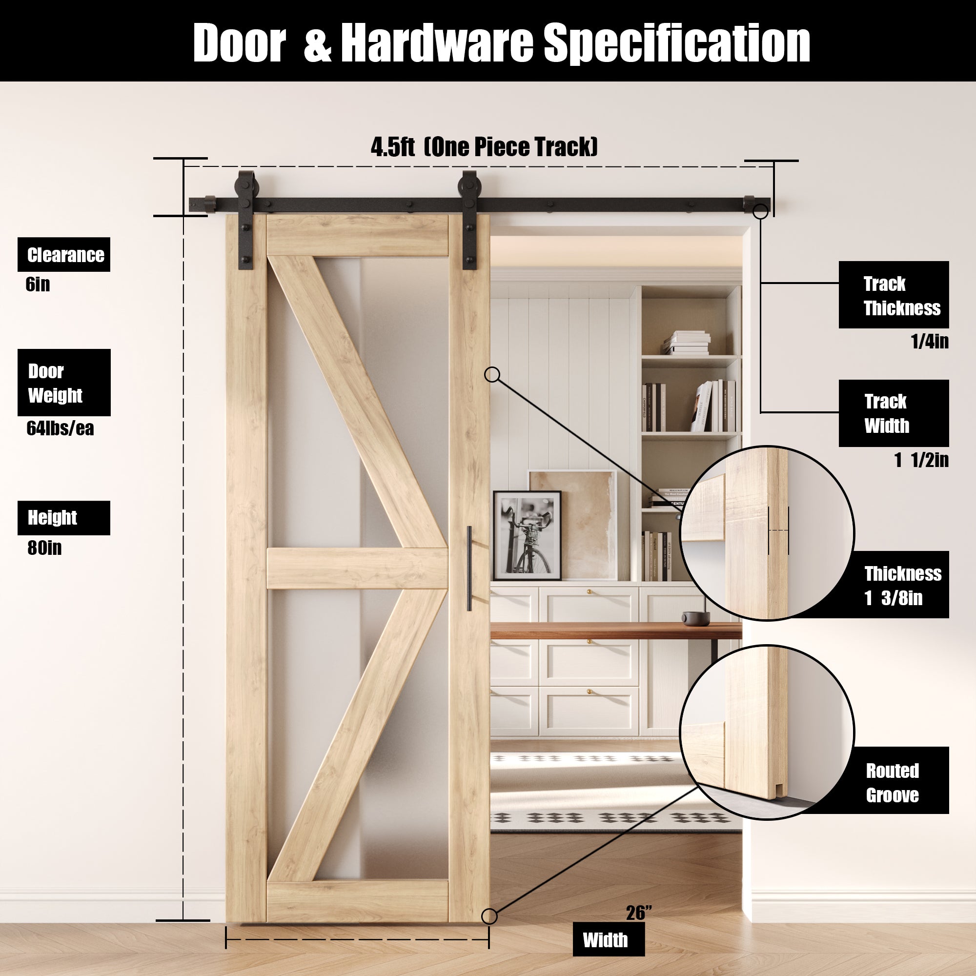 80" Height Arrow Pattern Glass Unassembled & Unfinished Pine Wood Barn Door with Non-Bypass Installation Hardware Kit (Interior Use Only)