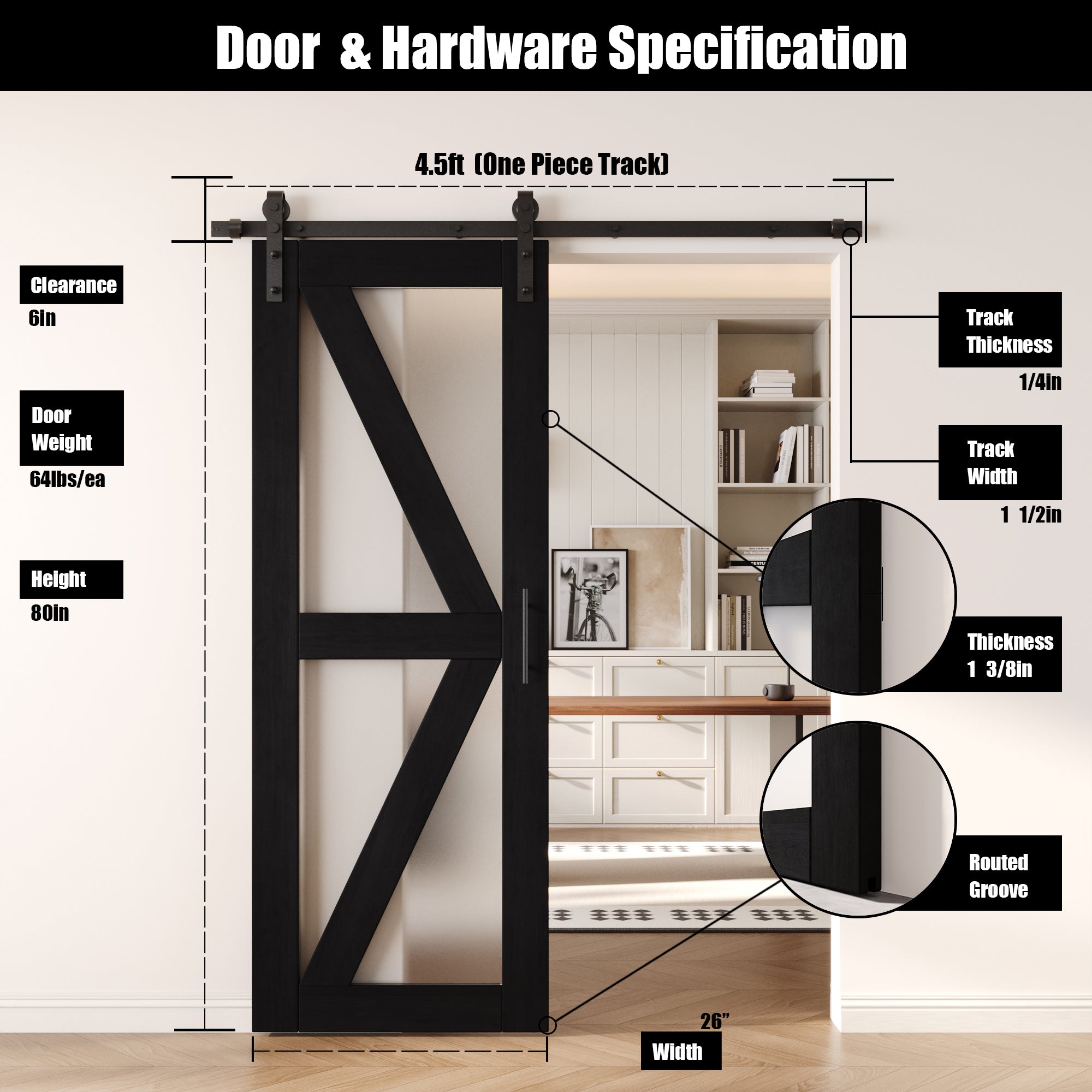 80" Height Black Arrow Pattern Glass Unassembled & Finished Pine Wood Barn Door with Non-Bypass Installation Hardware Kit (Interior Use Only)