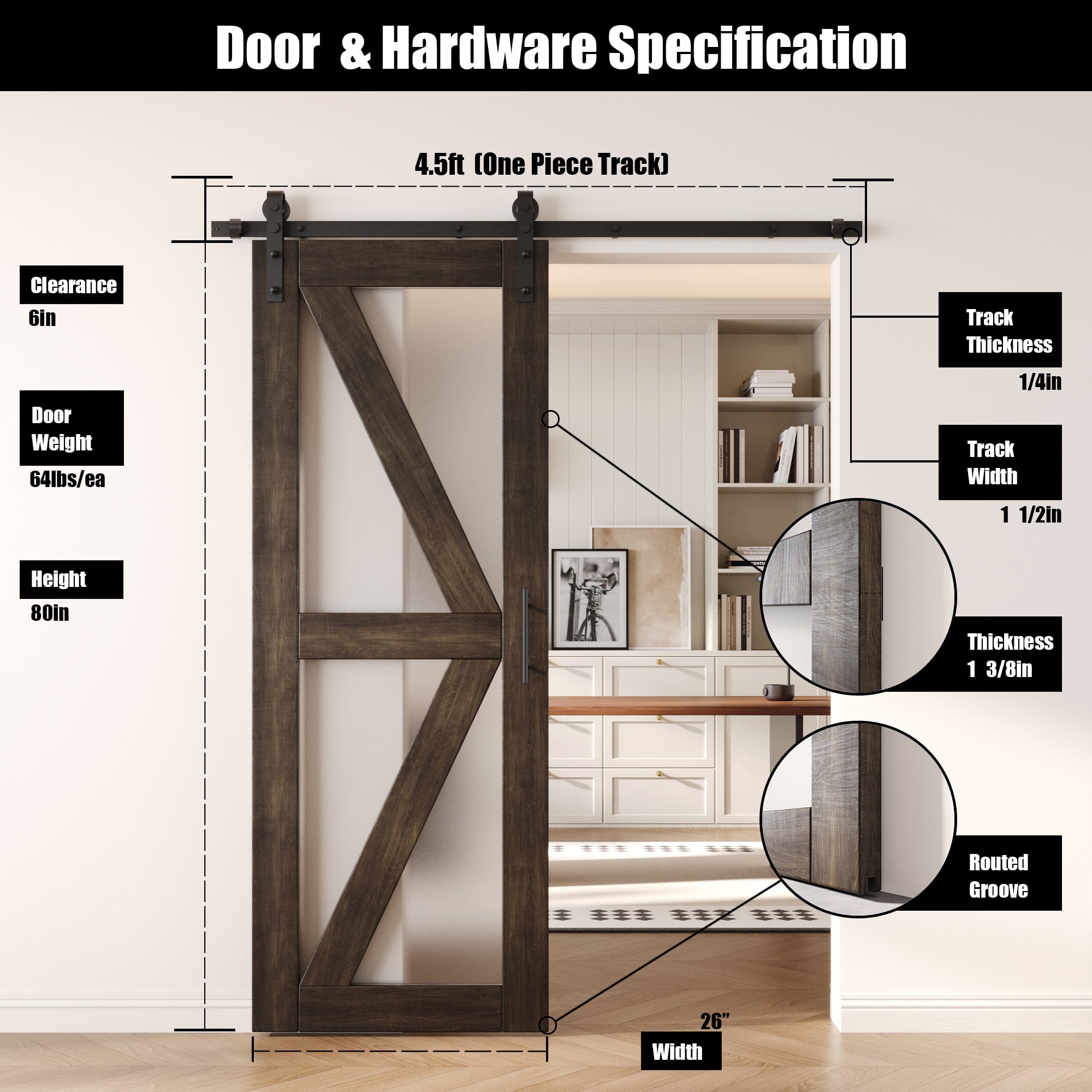 80" Height Ebony Arrow Pattern Glass Unassembled & Finished Pine Wood Barn Door with Non-Bypass Installation Hardware Kit (Interior Use Only)