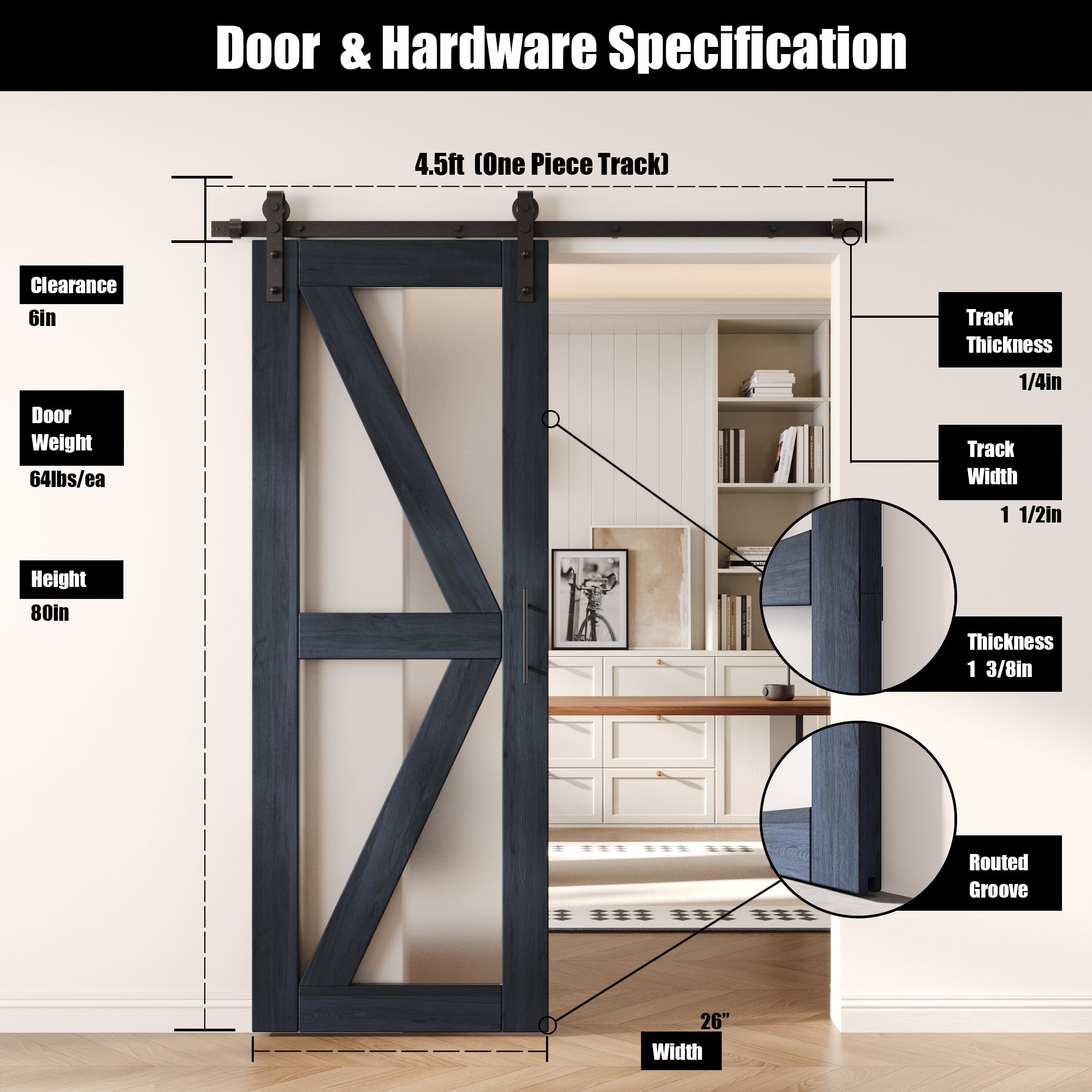 80" Height Navy Arrow Pattern Glass Unassembled & Finished Pine Wood Barn Door with Non-Bypass Installation Hardware Kit (Interior Use Only)