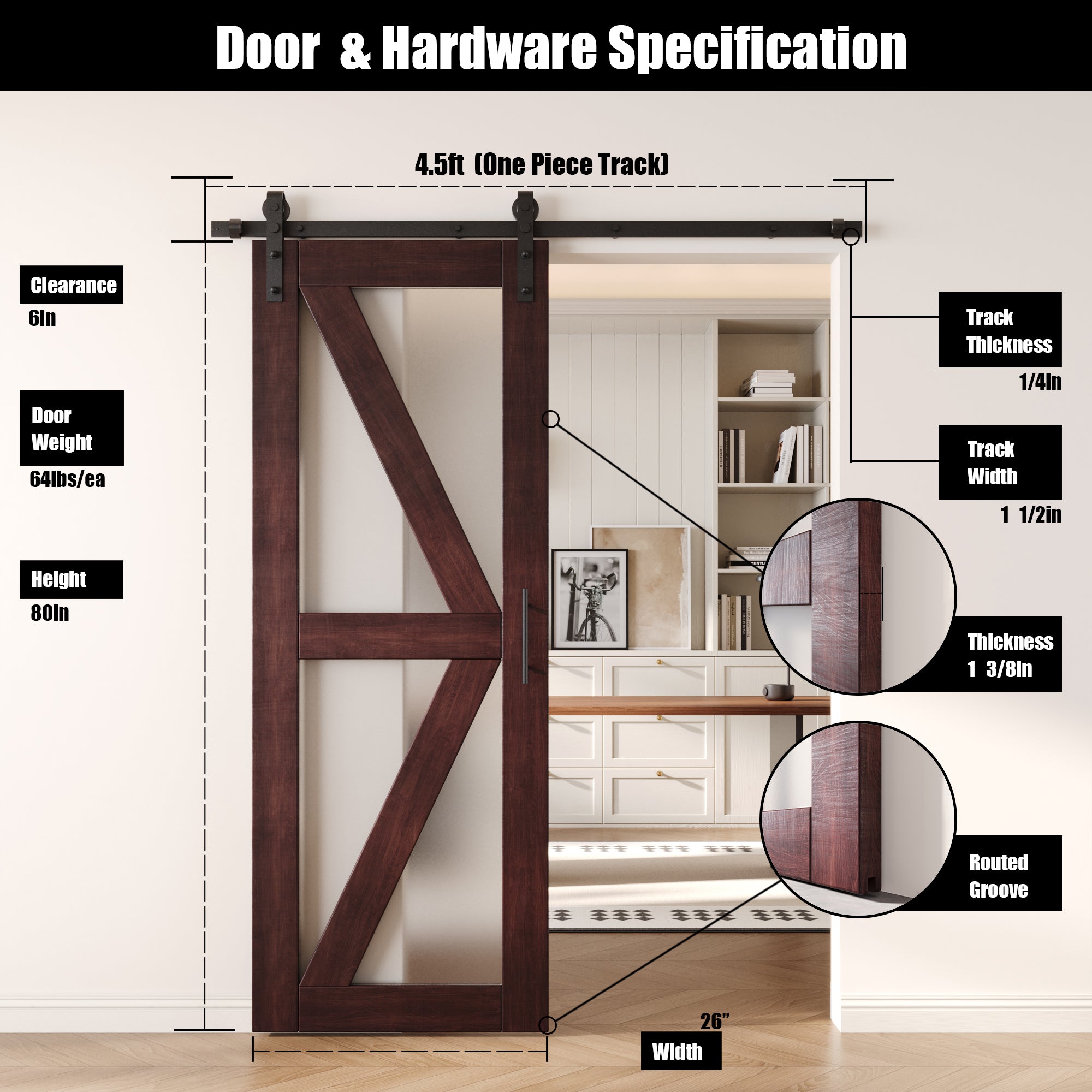 80" Height Red Mahogany Arrow Pattern Glass Design Unassembled & Finished Pine Wood Barn Door with Non-Bypass Installation Hardware Kit (Interior Use Only)