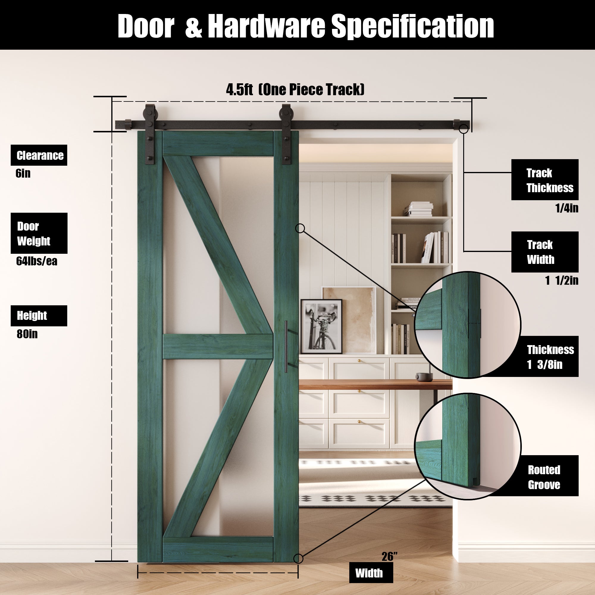 80" Height Royal Pine Arrow Pattern Glass Unassembled & Finished Pine Wood Barn Door with Non-Bypass Installation Hardware Kit (Interior Use Only)