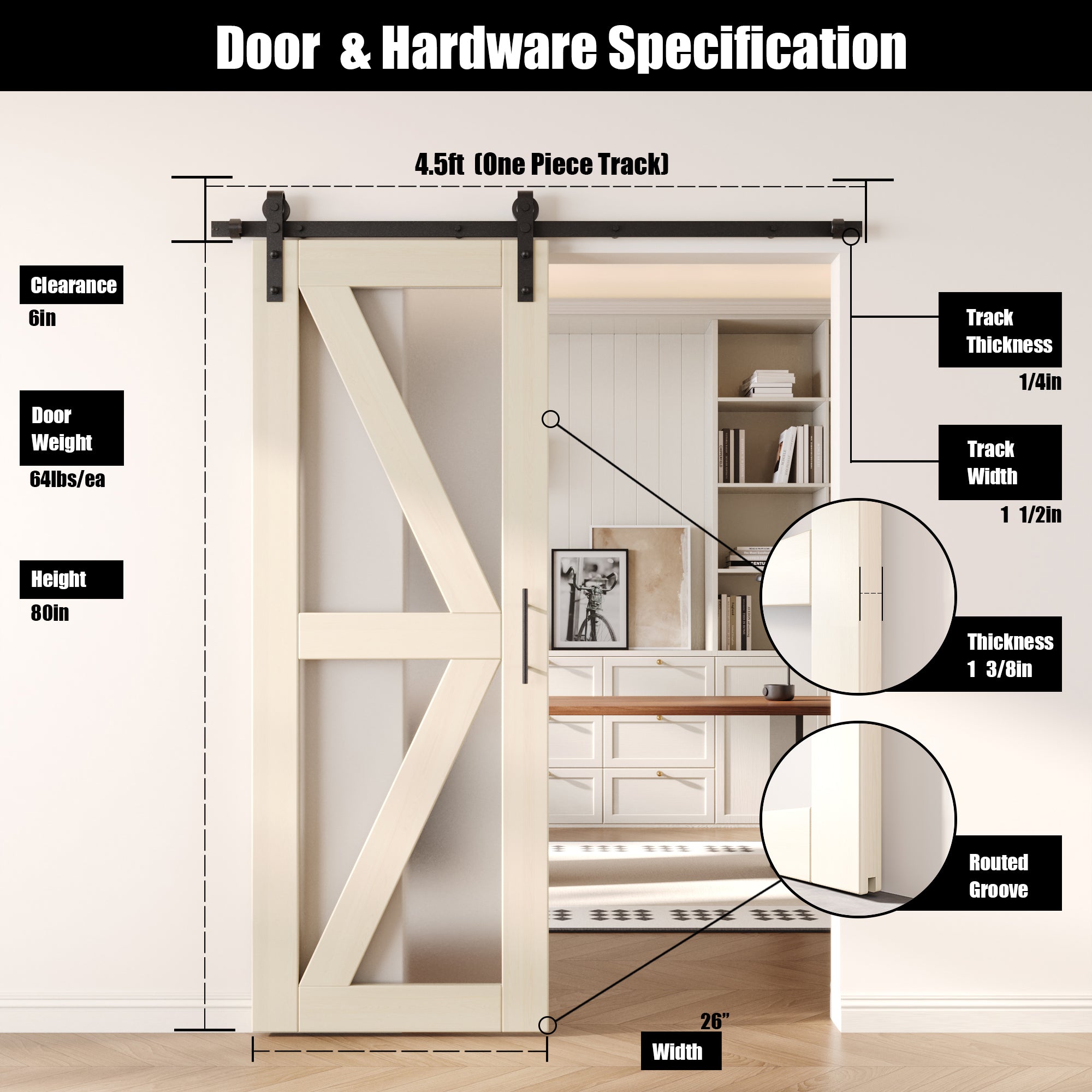 80" Height Tinsmith Gray Arrow Pattern Glass Unassembled & Finished Pine Wood Barn Door with Non-Bypass Installation Hardware Kit (Interior Use Only)