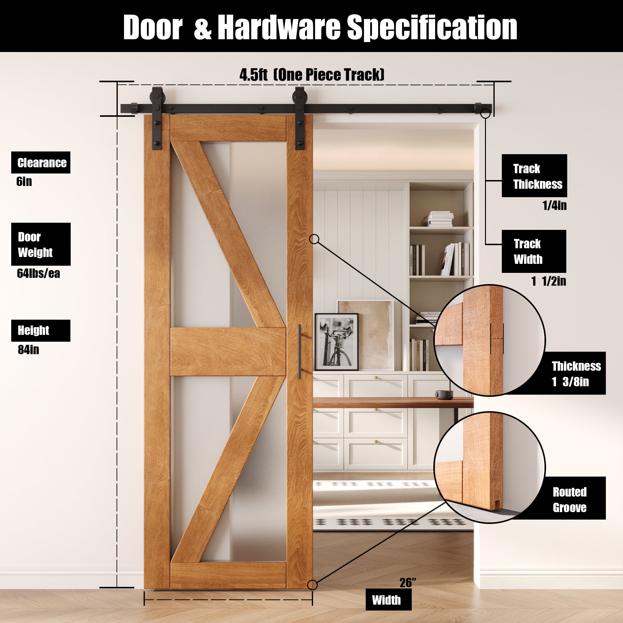 84" Height Early American Arrow Pattern Glass Unassembled & Finished Pine Wood Barn Door with Non-Bypass Installation Hardware Kit (Interior Use Only)