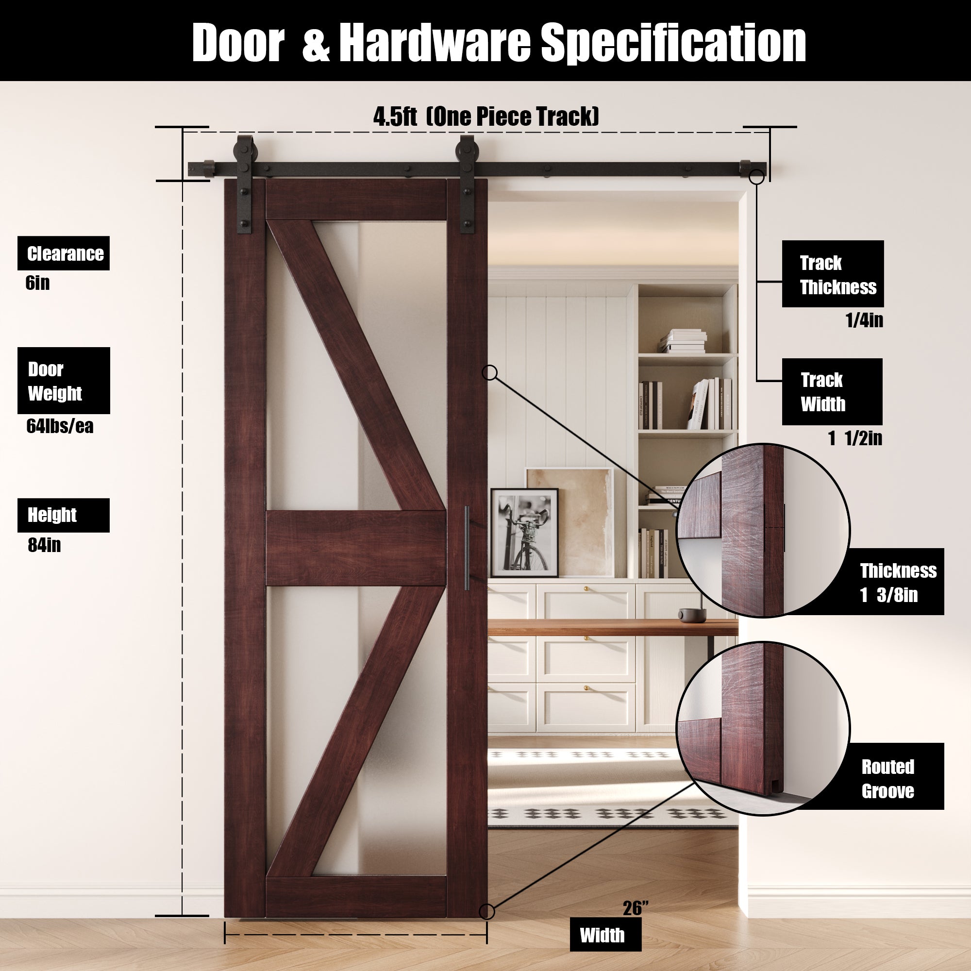 84" Height Red Mahogany Arrow Pattern Glass Unassembled & Finished Pine Wood Barn Door with Non-Bypass Installation Hardware Kit (Interior Use Only)