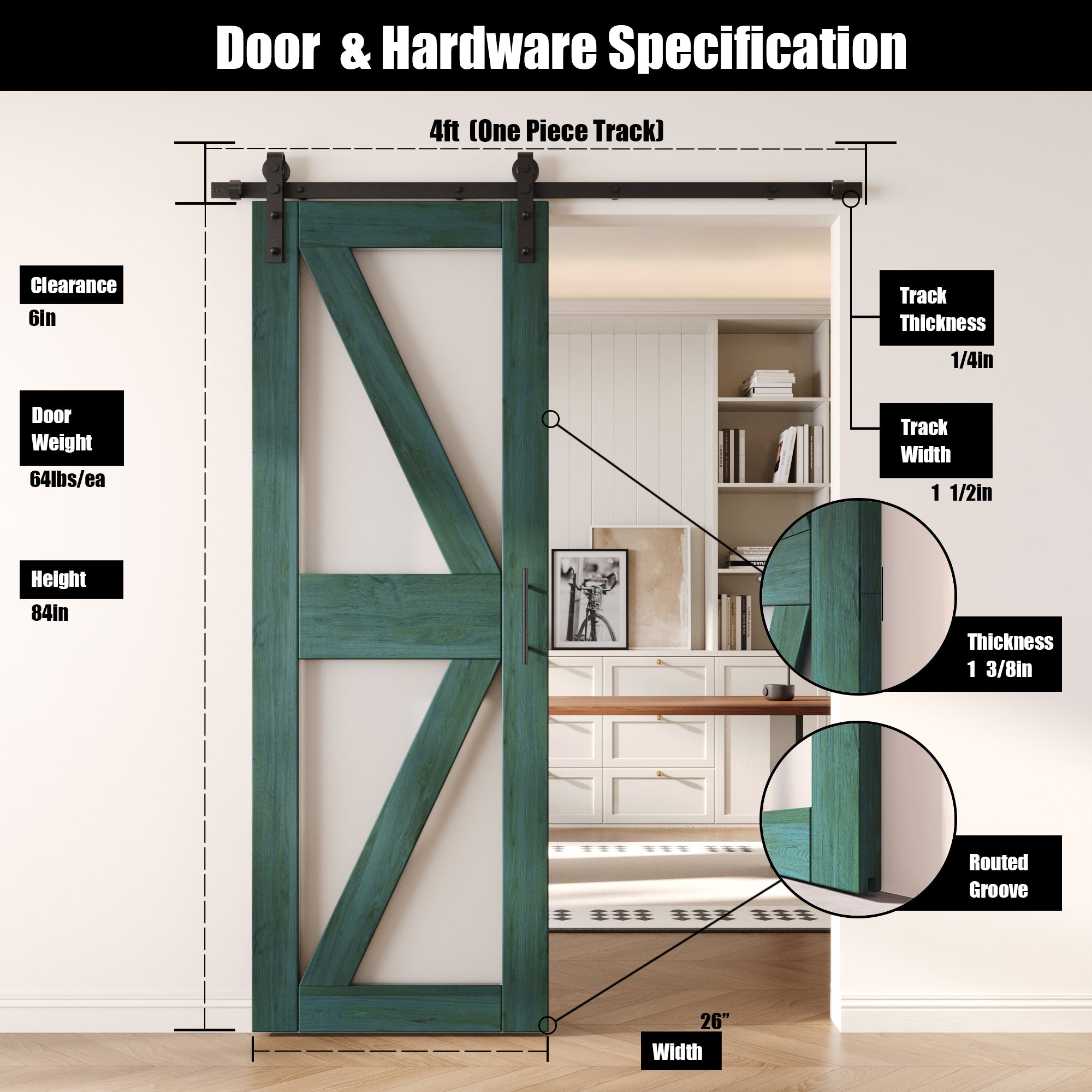 84" Height Royal Pine Frosted Glass Arrow Design Unassembled & Finished Pine Wood Barn Door with Non-Bypass Installation Hardware Kit (Interior Use Only)