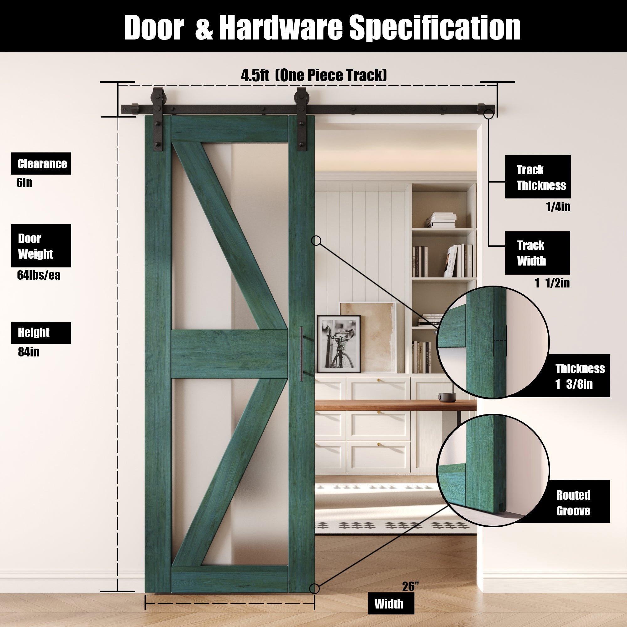 84" Height Royal Pine Arrow Pattern Glass Unassembled & Finished Pine Wood Barn Door with Non-Bypass Installation Hardware Kit (Interior Use Only)