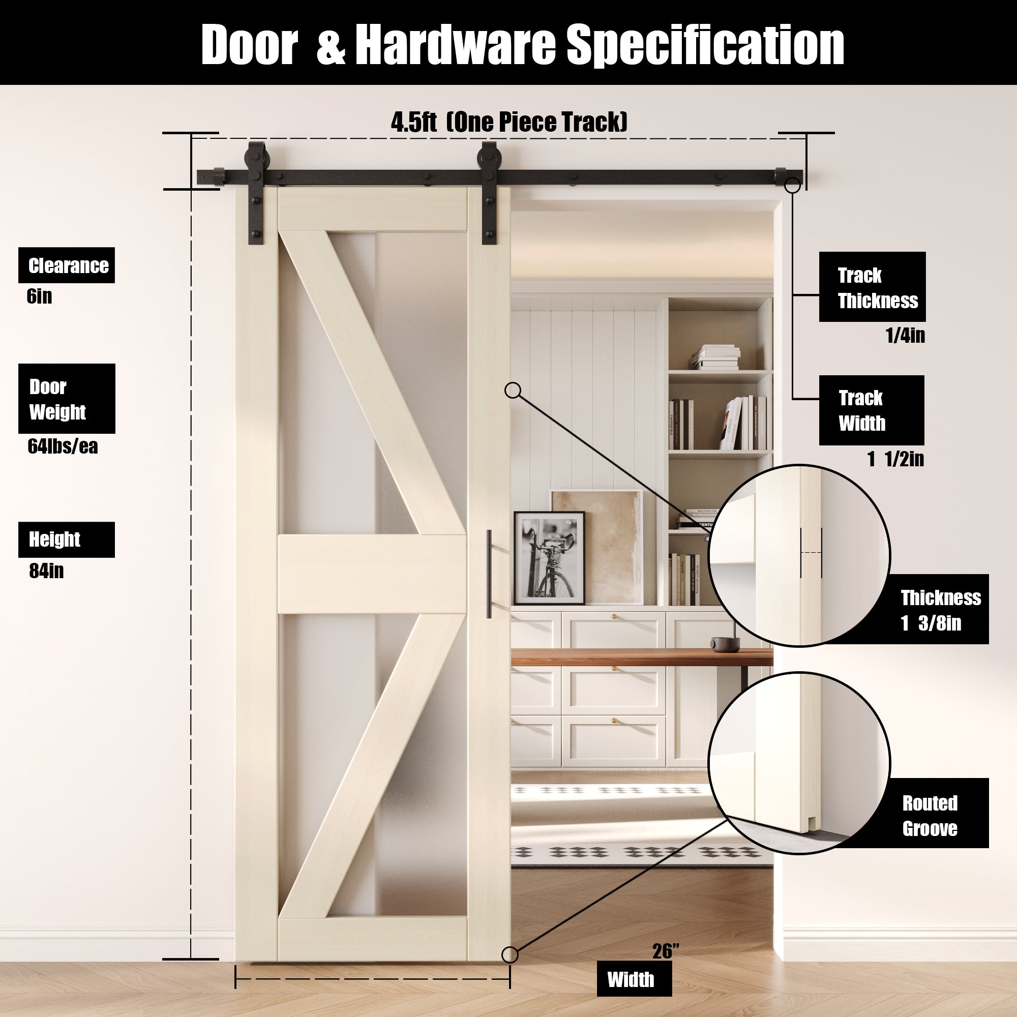 84" Height Tinsmith Gray Arrow Pattern Glass Unassembled & Finished Pine Wood Barn Door with Non-Bypass Installation Hardware Kit (Interior Use Only)
