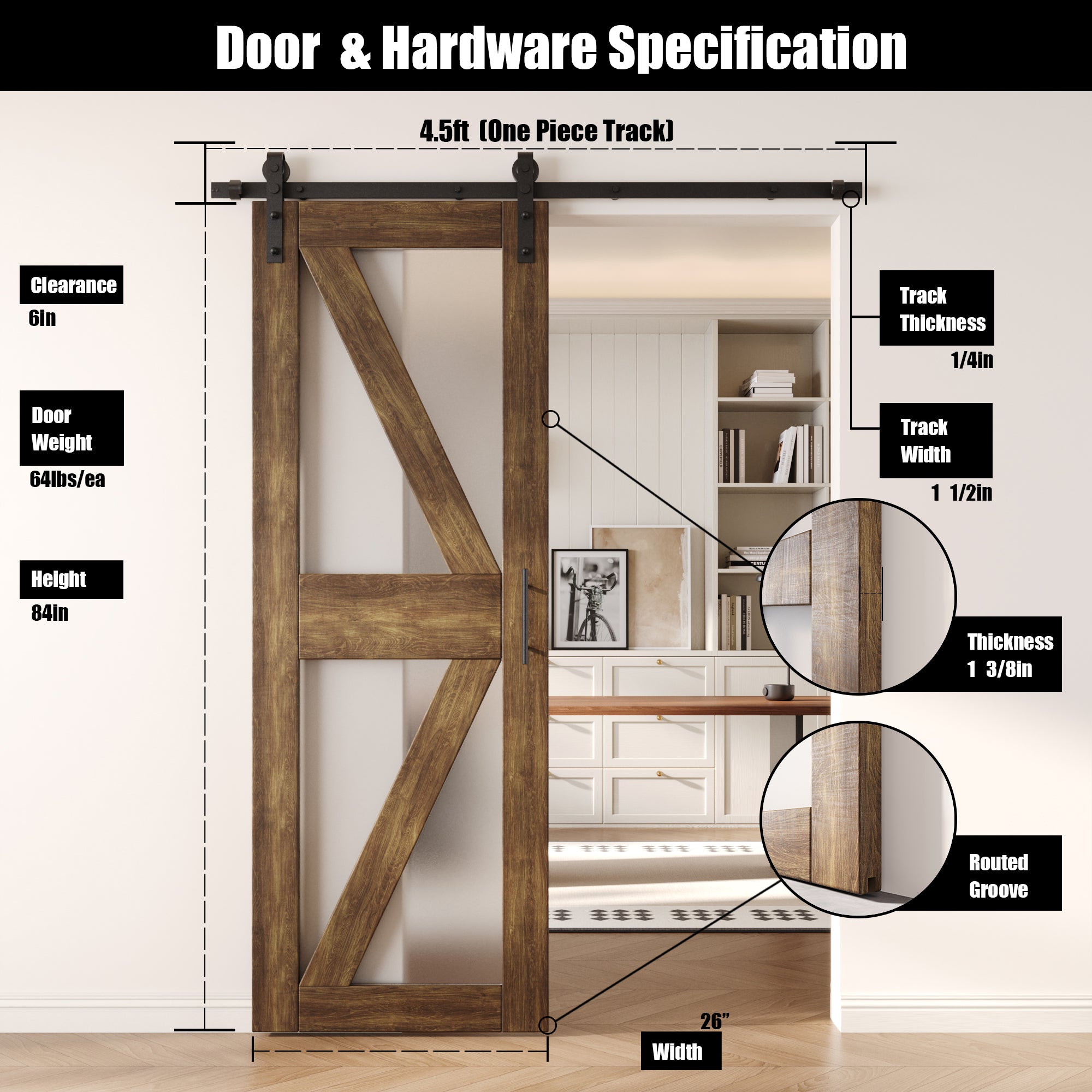 84" Height Dark Walnut Arrow Pattern Glass Unassembled & Finished Pine Wood Barn Door with Non-Bypass Installation Hardware Kit (Interior Use Only)