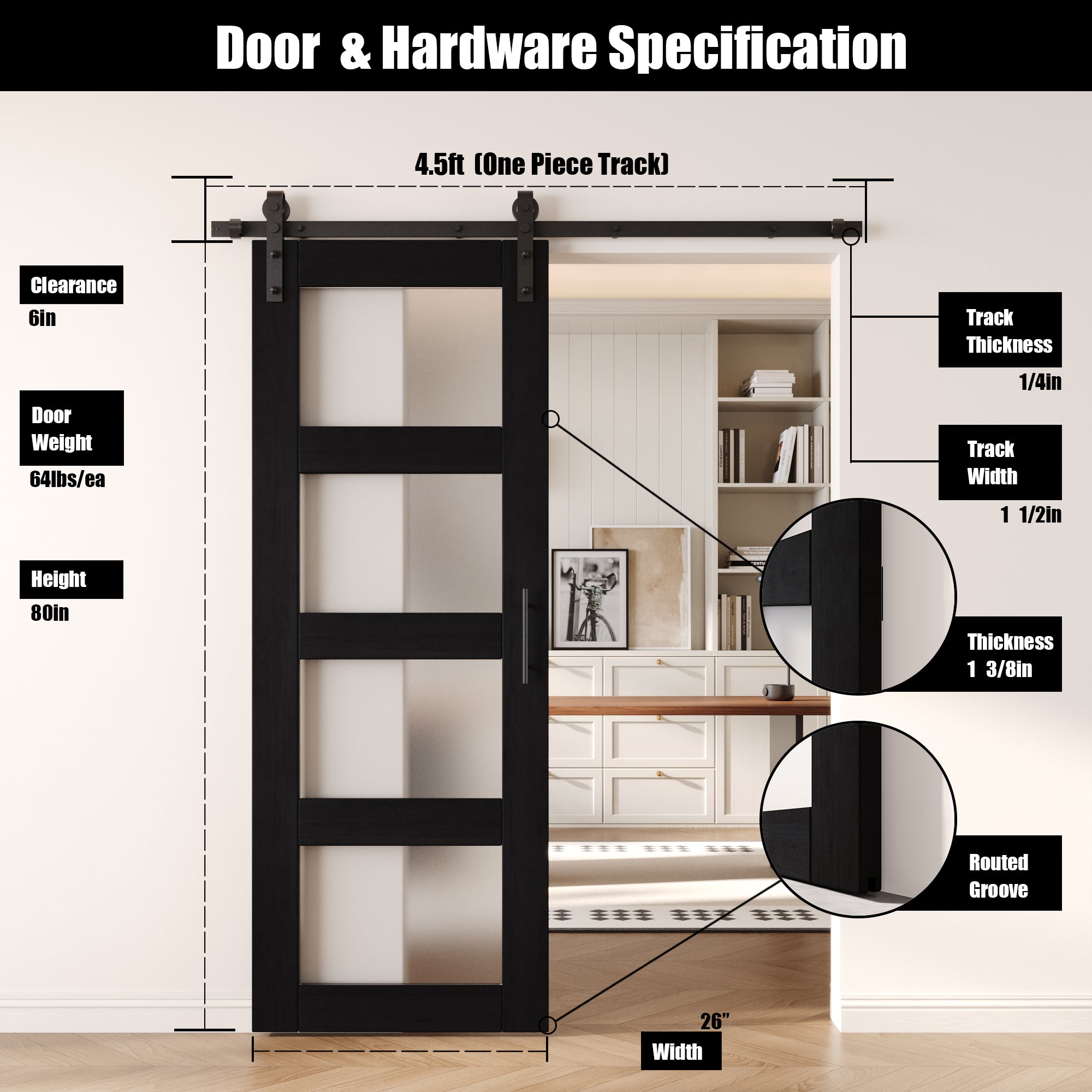 80" Height Black 4-Lite Frosted Glass Unassembled & Finished Pine Wood Barn Door with Non-Bypass Installation Hardware Kit (Interior Use Only)